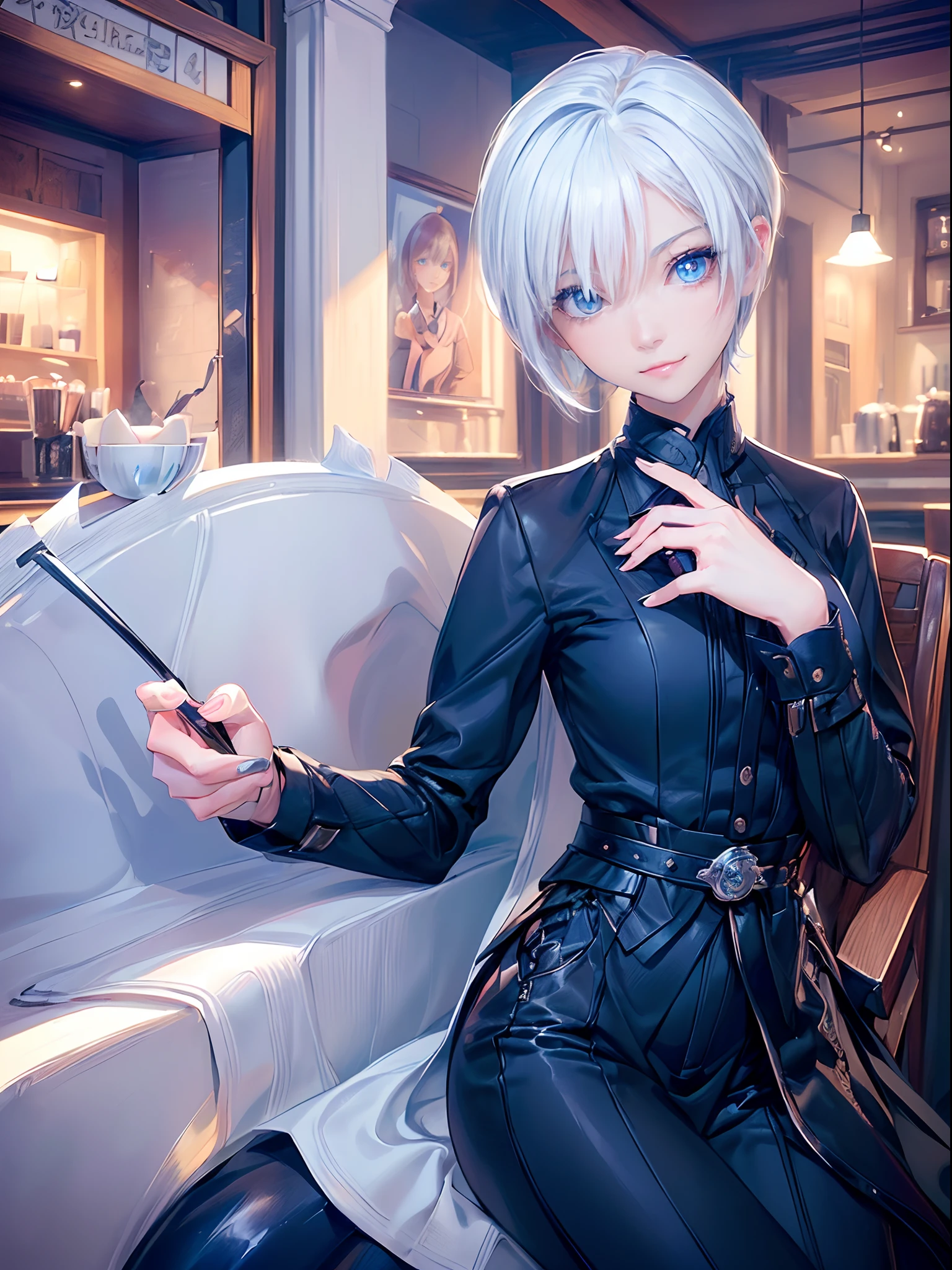 ((4K works))、masterpiece、(top-quality)、1 beutiful girl、Slim body、tall、((Black Y-shirt and white pants、Charming street style))、(Detailed beautiful eyes)、Daytime coffee shop、((Bright coffee shop))、For a date at a fashionable coffee shop、((Face similar to Carly Rae Jepsen))、((Short-haired white hair))、((Smaller face))、((Neutral face))、((Bright blue eyes))、((American adult women))、((Adult female 26 years old))、((cool lady))、((Like a celebrity))、((Smiling expression))、((Korean Makeup))、((elongated and sharp eyes))、((Happy dating))、((boyish))、((Upper body photography))、Professional Photos、((Shot alone))、Sitting in a stylish seat