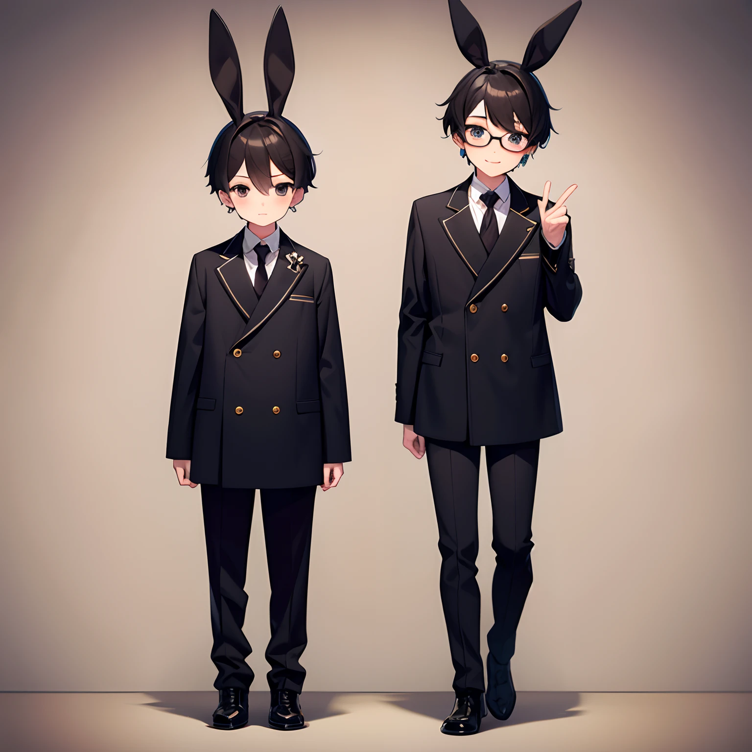 10 Male child twinkark-haired shorth hair eye glass A dark-haired eye glass piercings coat Japan school uniform Wearing clothes Long pants cute face Both have rabbit ears Short boots 1 persons Full body illustration
