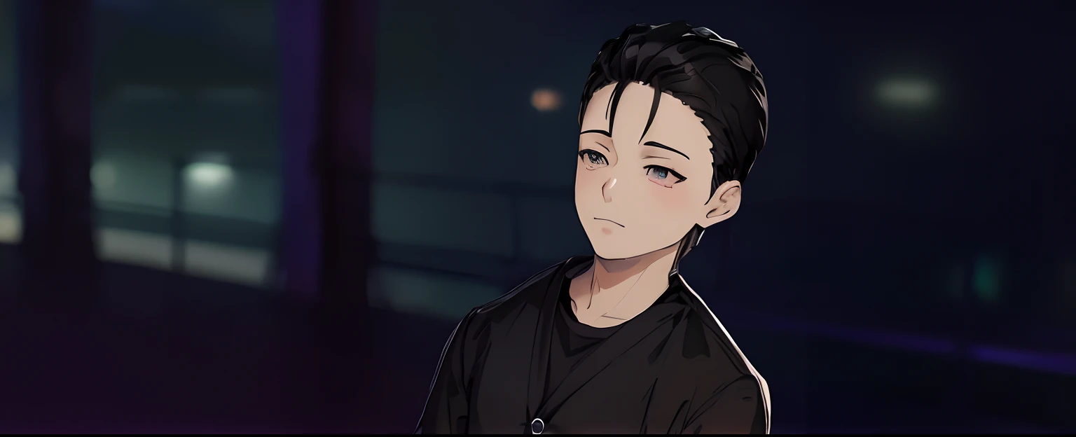 anime style boy on a bridge, pink color grade