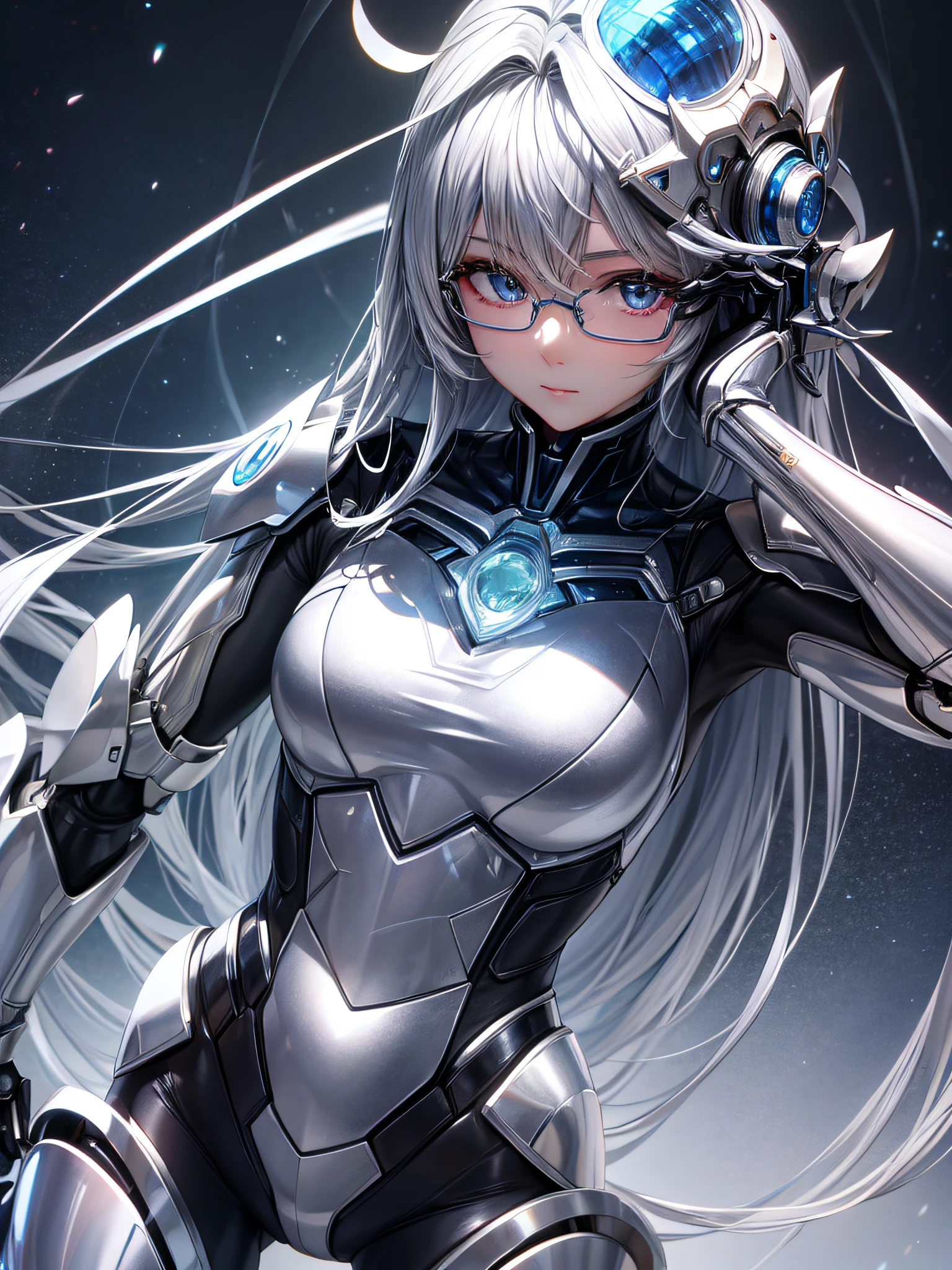 5 8K UHD、Silver metallic body mechanical beauty posing with glasses、Silver metallic robot with hidden skin shiny