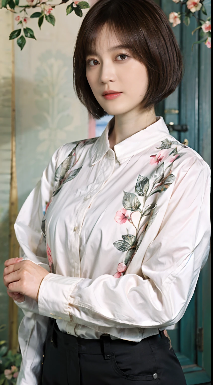 32
(Shorthair:1.23), (a 20 yo woman), (A hyper-realistic), (Masterpiece), (8KUHD), Long sleeve shirt with floral pattern, breeches, (breast:1.23), serene expressions