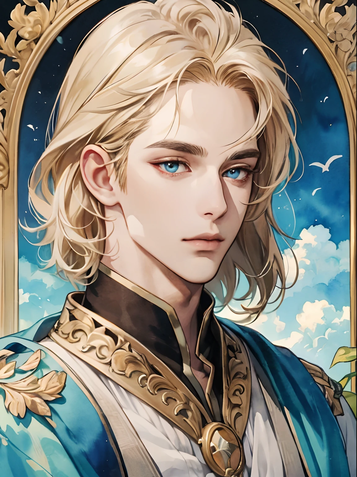 (extremely delicate and beautiful, watercolor (average), official art, beautiful and aesthetic:1.2), (fractal art: 1,3), 8k,(masterpiece:1.0),(best_quality:1.0), 1 man, man, golden hair, blue eyes, bob hair, complex details, enlarged textures, complex details, finely detailed eyes and detailed face, intricate details, man with golden hair, royal appearance, royal clothes, (closed mouth), perfect eyes, equal eyes, elegant and noble,  magical aura, liquid, cloud, colorful, scales, delicate, (god) majestic expression, man