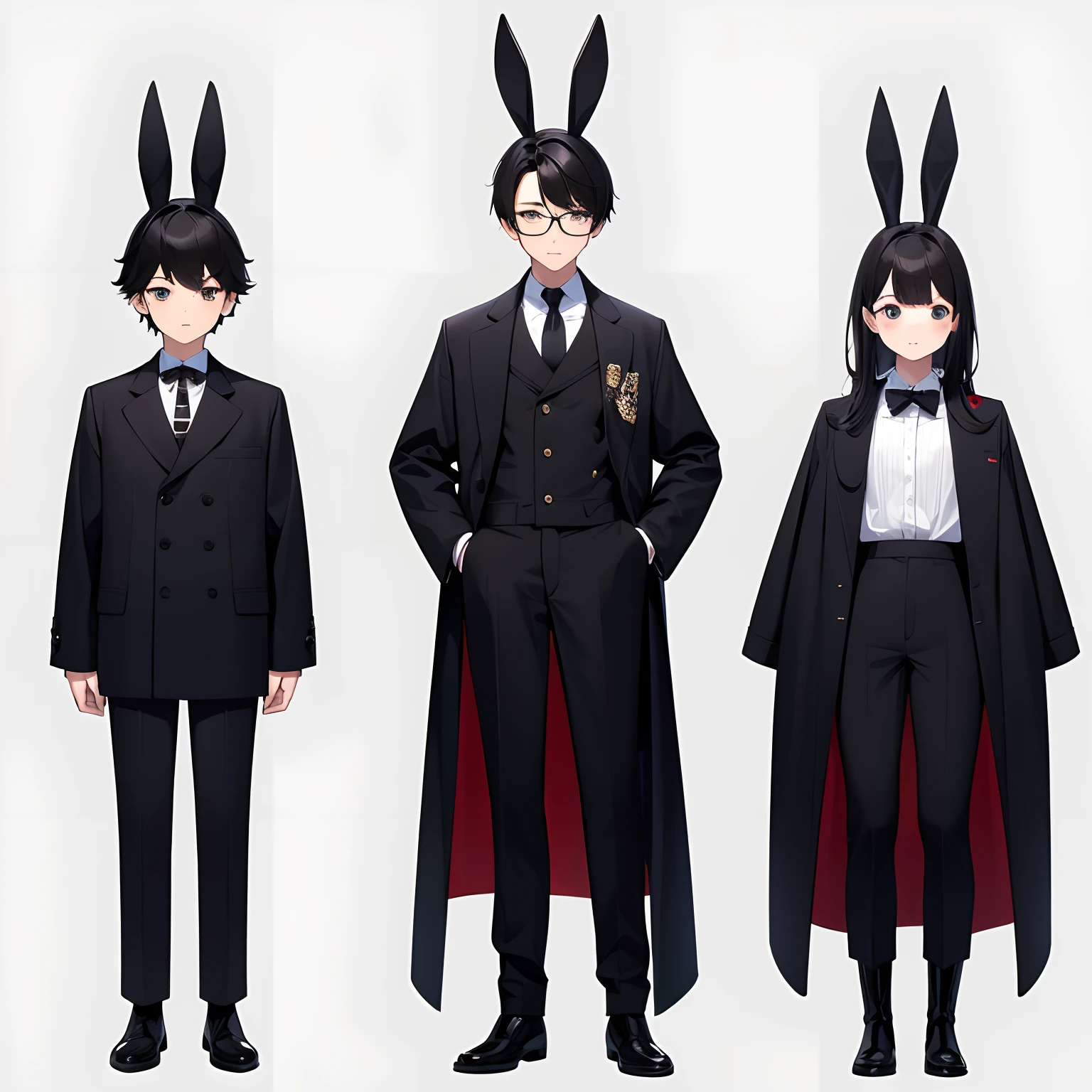 10 generations Male child twinks A dark-haired shorth hair eye glass A dark-haired eye glass piercings coat Japan school uniform Wearing clothes Long pants cute face Both have rabbit ears Black work boots 1 persons Full body illustration