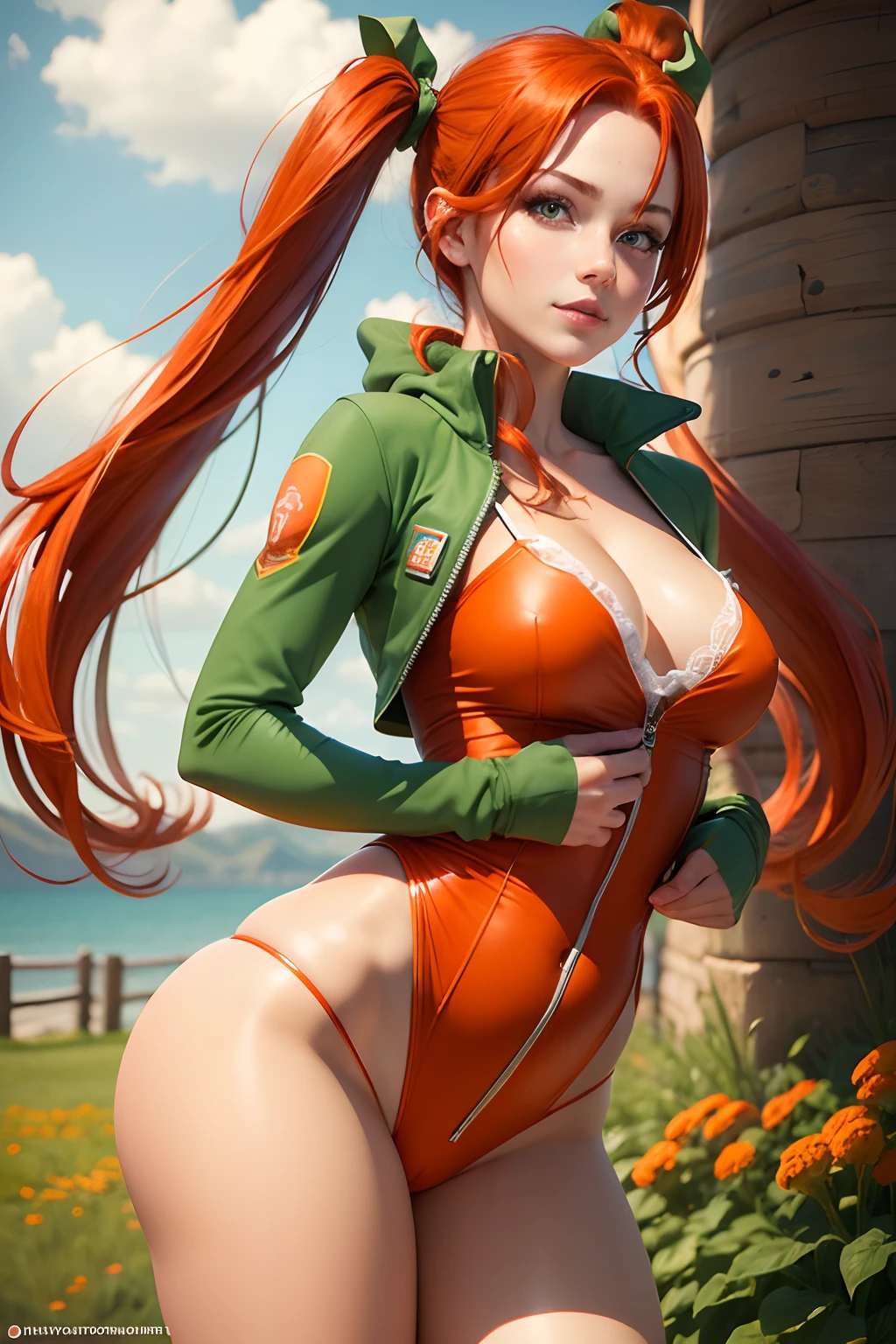 Photorealistic, Sexy, woman's, style of, pigtails, passion, , redhead hair, ssmile, green colored eyes, In a carrot costume