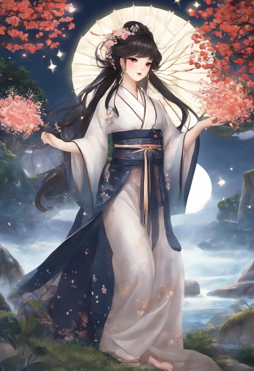 Exquisite illustrations:1.2), (Kawaii Maiden:1.0), (1girll, Solo:1.0), (Black coiled hairs:1.0), (Powder kimono:1.0), (The upper part of the body:1.0), (ultra - detailed, A high resolution, 4K:1.0,fire works,nigh sky,As estrelas