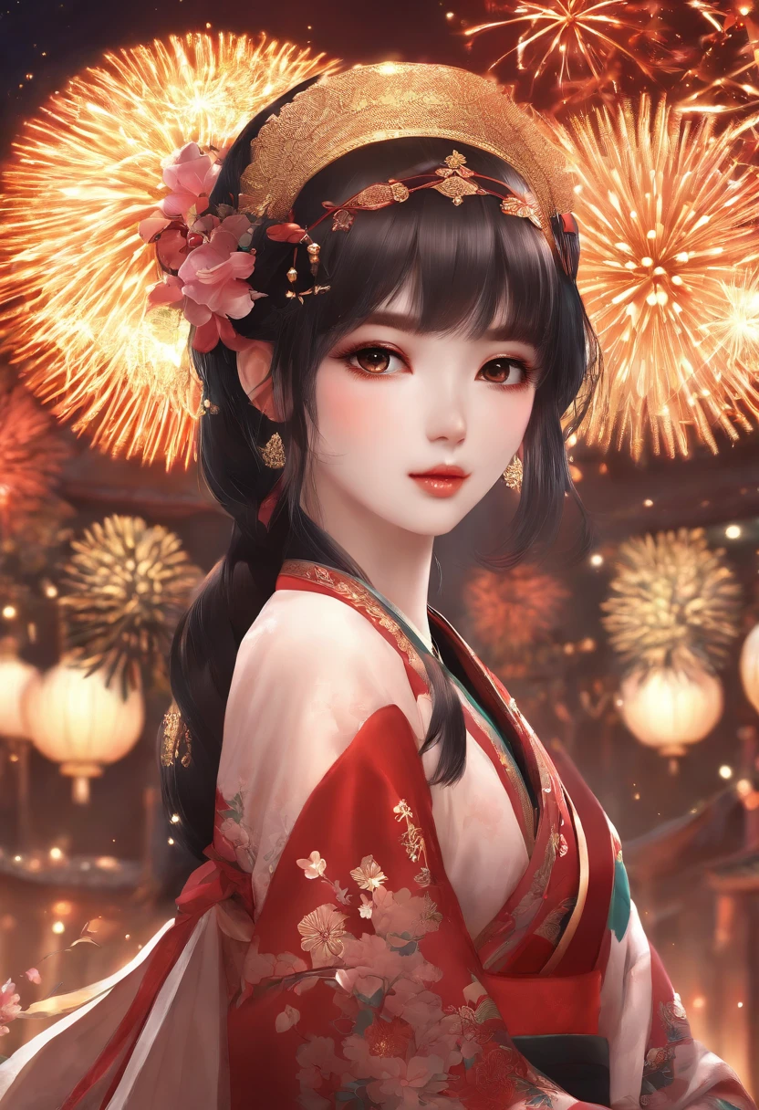 Exquisite illustrations:1.2), (Kawaii Maiden:1.0), (1girll, Solo:1.0), (Black coiled hairs:1.0), (Powder kimono:1.0), (The upper part of the body:1.0), (ultra - detailed, A high resolution, 4K:1.0，fire works，nigh sky，As estrelas