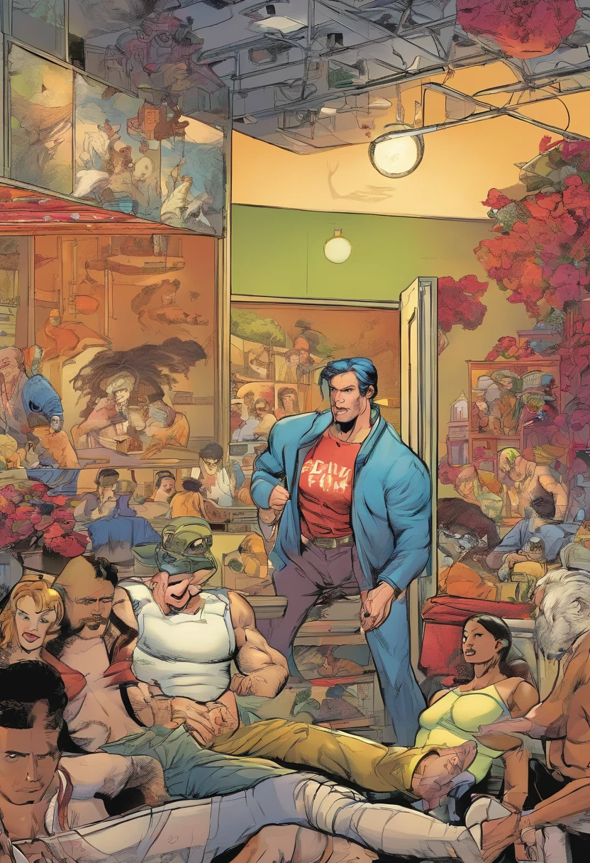 American comics, the comic story is presented in couple of man having an orgy please fix the penis model