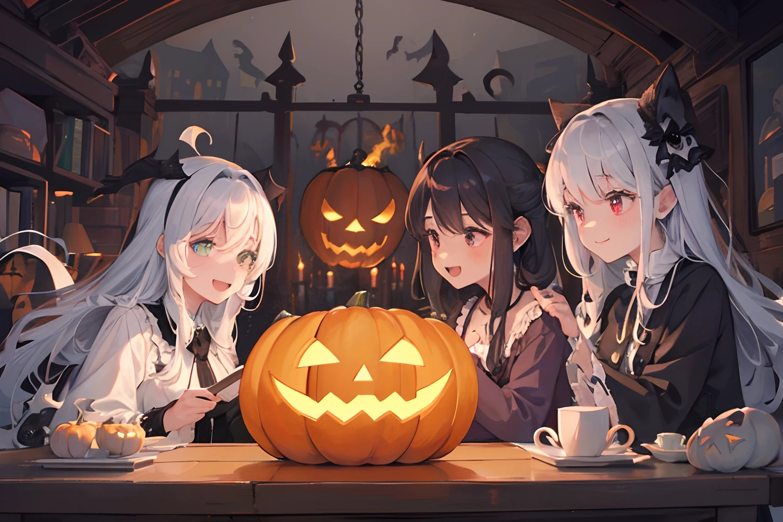 Create a whimsical creepy Halloween illustration depicting five laughing ghosts in a haunted house. These 5 occurrences are as follows:、Skeleton included, The ghost of the pumpkin head, Traditional ghosts, the witch, and black cat. All ghosts have a mischievous smile on their faces, Add an element of creepy charm to your scene. The mansion is decorated with Halloween decorations, Gives an eerie yet fantastic atmosphere.