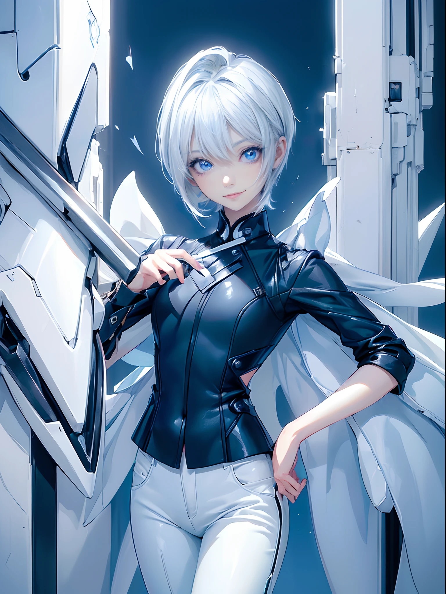 ((4K works))、masterpiece、(top-quality)、1 beutiful girl、Slim body、tall、((Black Y-shirt and white pants、Charming street style))、(Detailed beautiful eyes)、Daytime city、in the task、((Face similar to Carly Rae Jepsen))、((Short-haired white hair))、((Smaller face))、((Neutral face))、((Bright blue eyes))、((American adult women))、((Adult female 26 years old))、((cool lady))、((Like a celebrity))、((Smiling expression))、((Korean Makeup))、((elongated and sharp eyes))、((Happy dating))、((boyish))、((Upper body photography))、Professional Photos、((Shot alone))、Villain