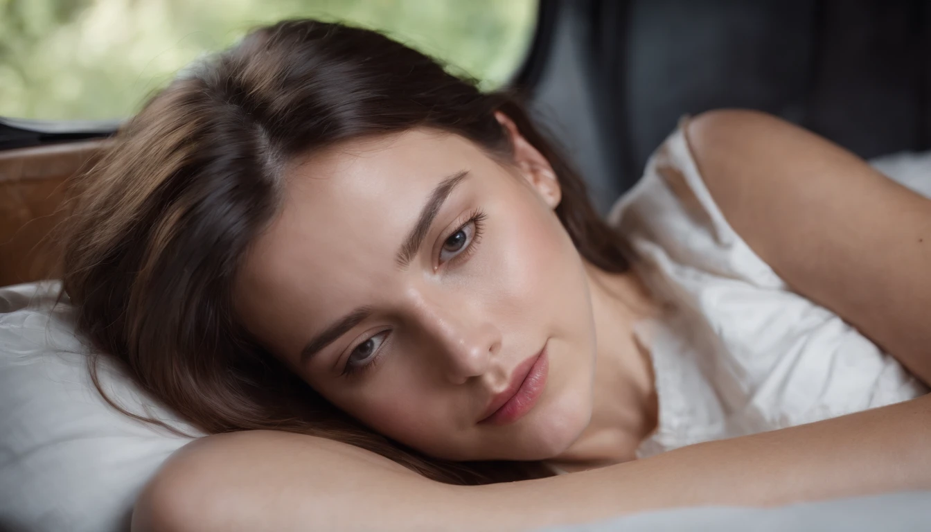 girl sleep in bed camping car, head on pillow