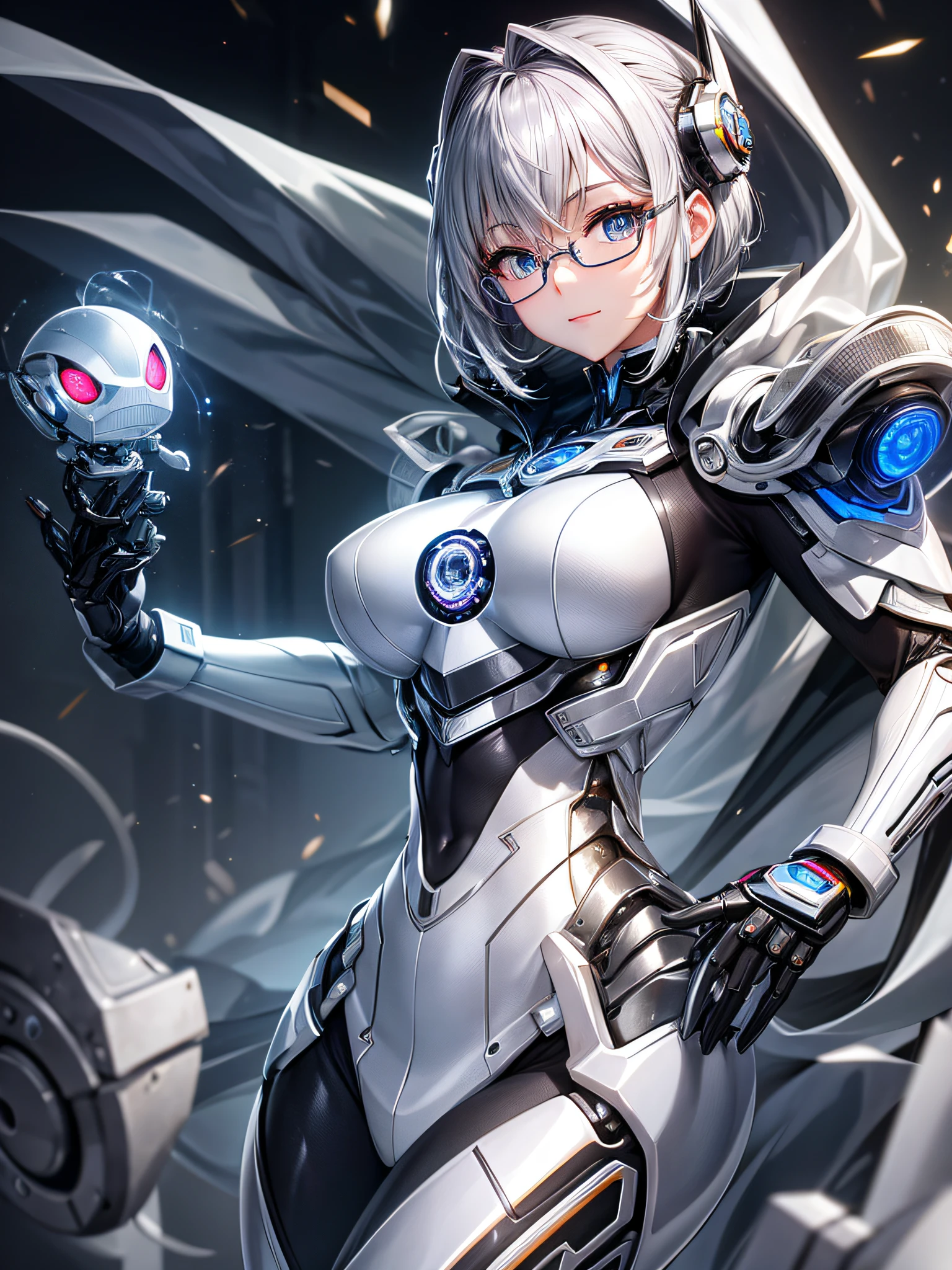 5 8K UHD、Silver metallic body mechanical beauty posing with glasses、Silver metallic robot with hidden skin shiny