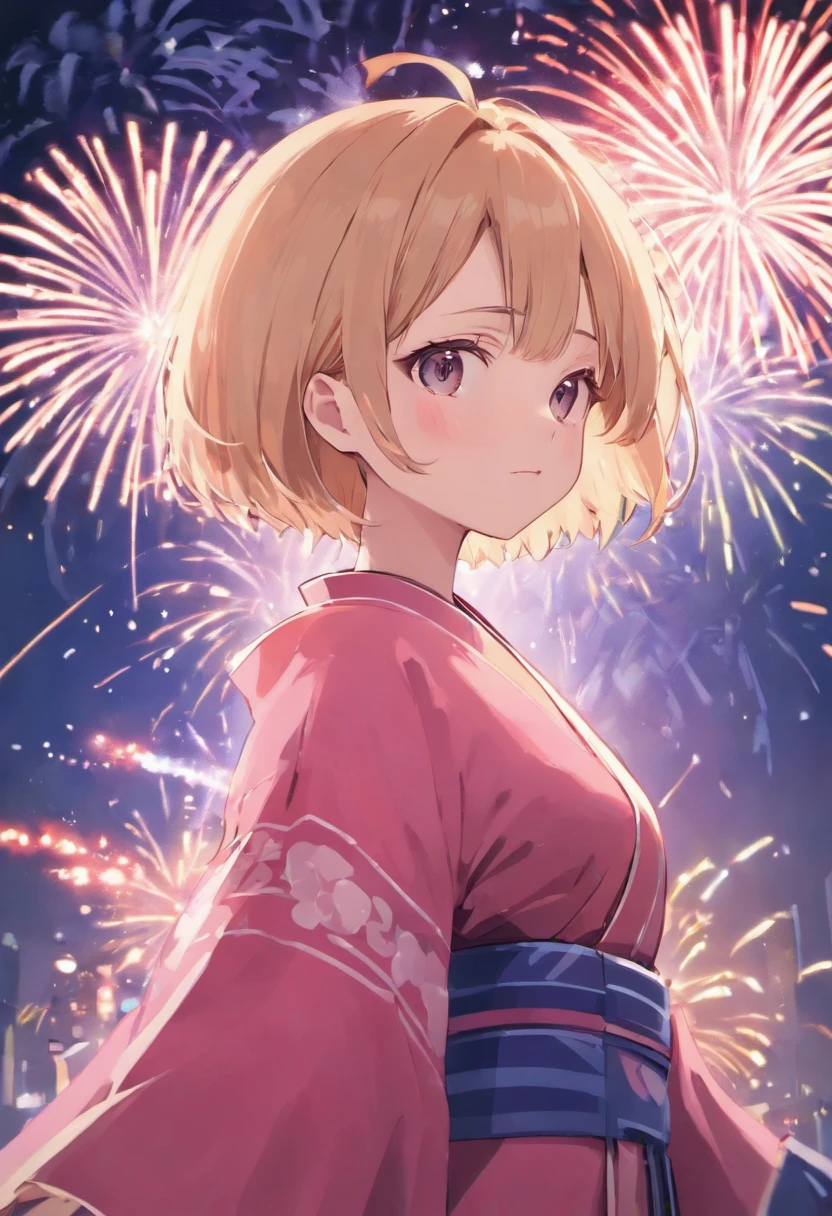 (best quality,4k:1.2),(cute girl:1.0),(solo performance:1.0),(short hair:1.0),(pink kimono:1.0),(upper body:1.0),(ultra-detailed:1.0),(fireworks,night sky,stars)