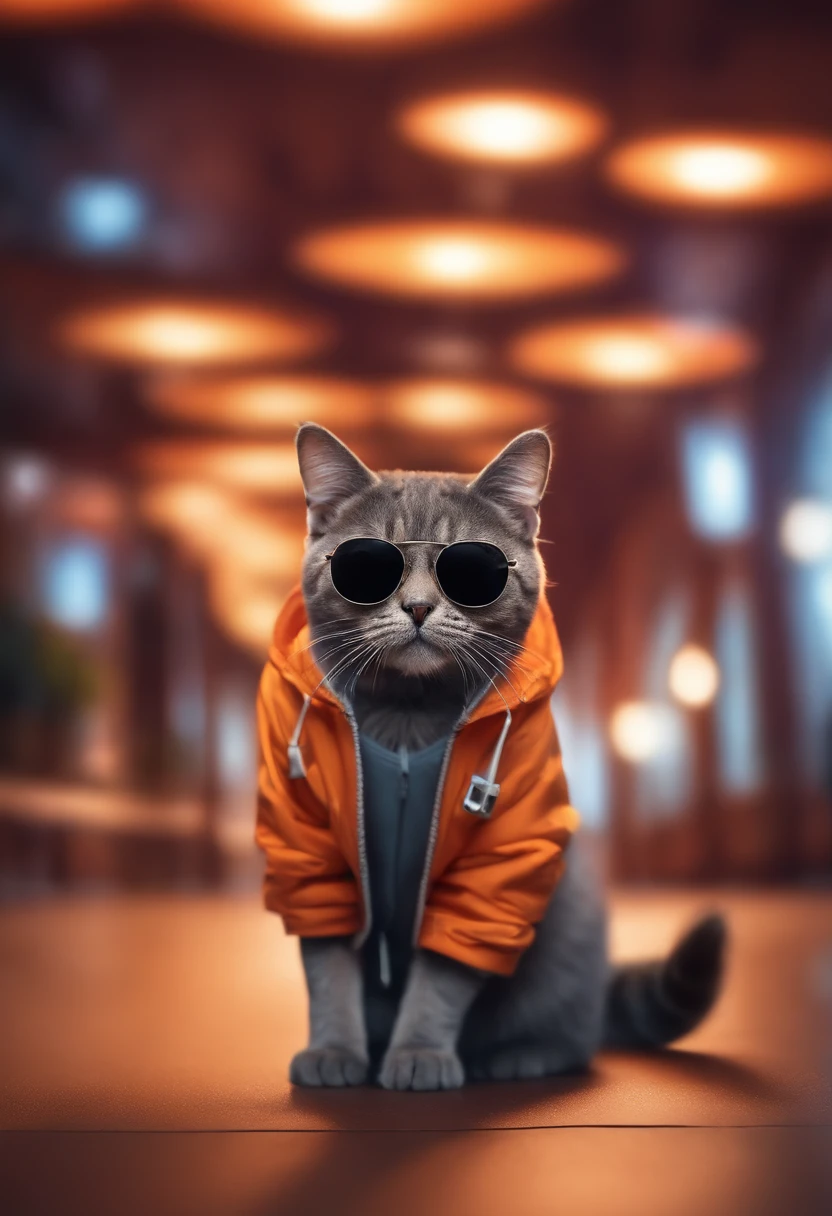 Perfect centering, Cute  cat, Wear a jacket, Wearing sunglasses, Wearing headphones, cheerfulness, Standing position, Abstract beauty, Centered, Looking at the camera, Facing the camera, Approaching perfection, Dynamic, Highly detailed, Smooth, Sharp Focus, 8K