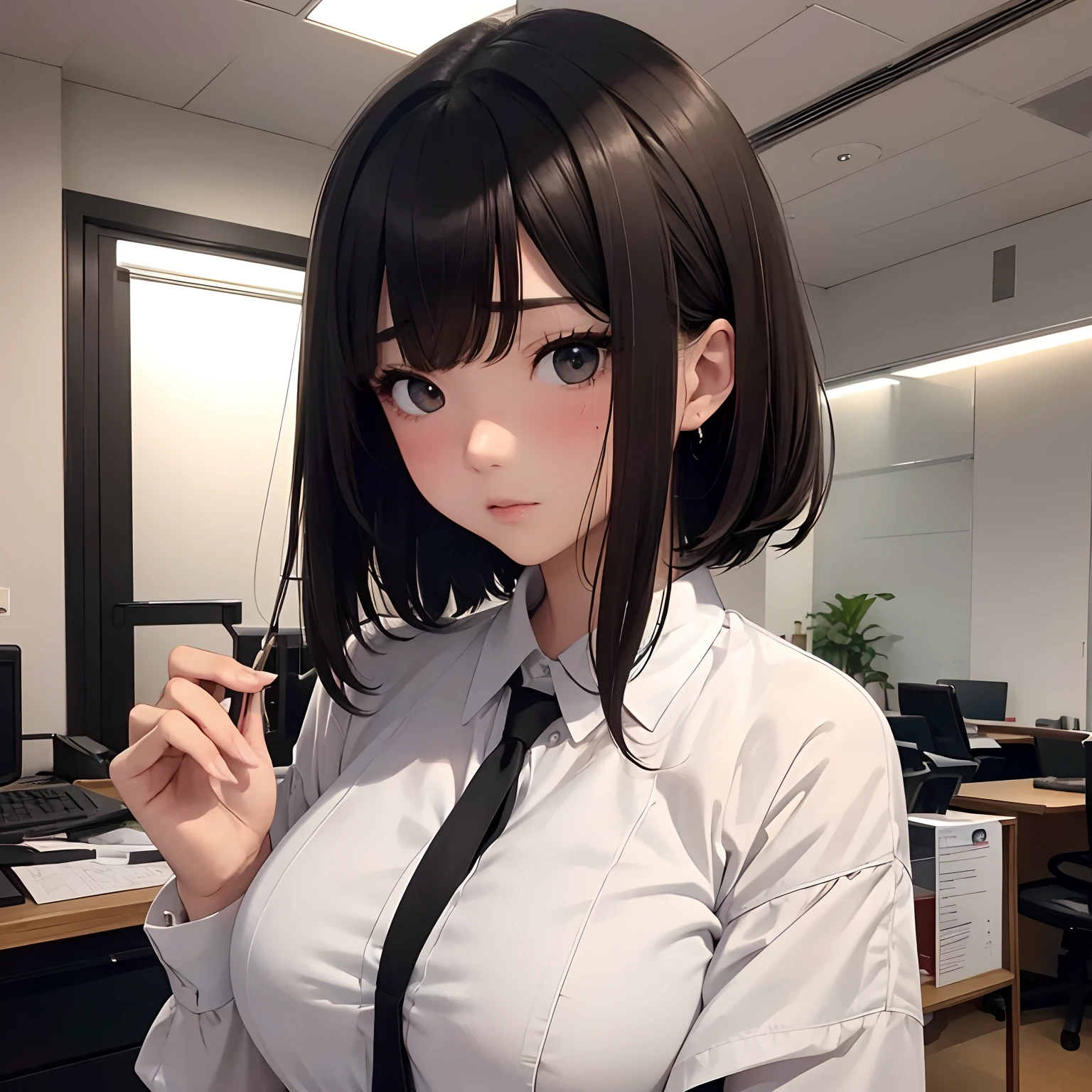 An attractive woman worker, blue smooth side parte bob symmetrical hair, with a happy smile, and wearing a black elegant futurist office job uniform dress with skirt, blue tech tie, in a desk like a secretary, no tech