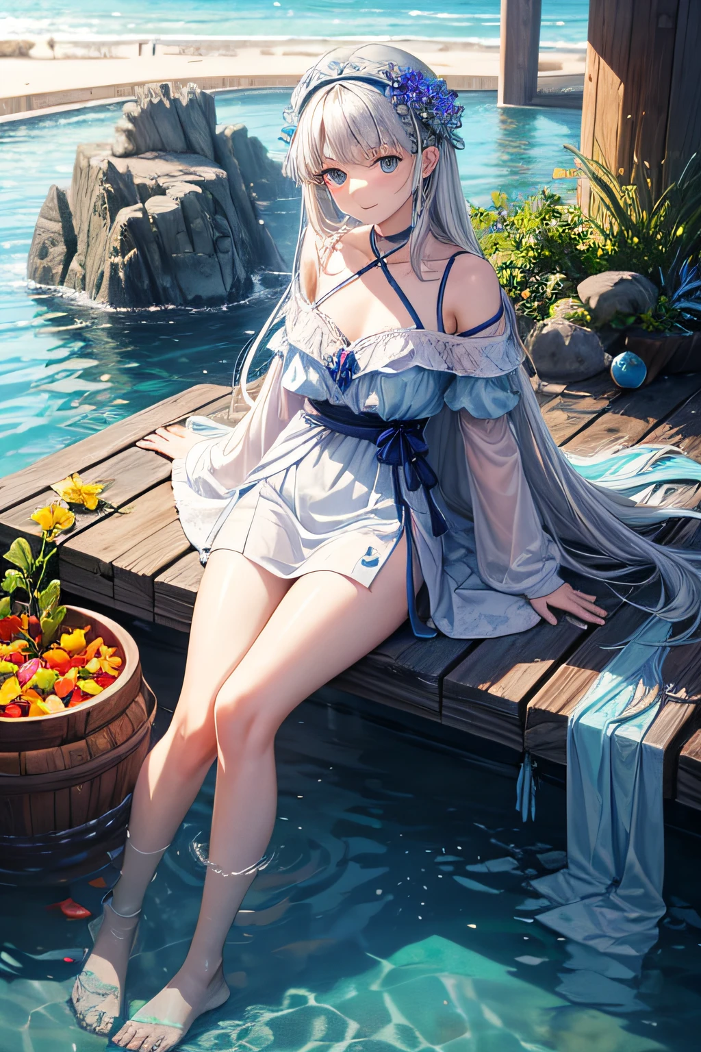 UHD,masterpieces,perfect figure,1girl,solo,white hair,middle breasts,long air,white skin,smooth skin,blue eyes,smilling,speard hair,light-blue dress,beautiful waist,16 years old,white panyhose,nake arms,bows in head back,sitting,bright sky,sunny weather,Translucent fabric,cute style,at the sea,
