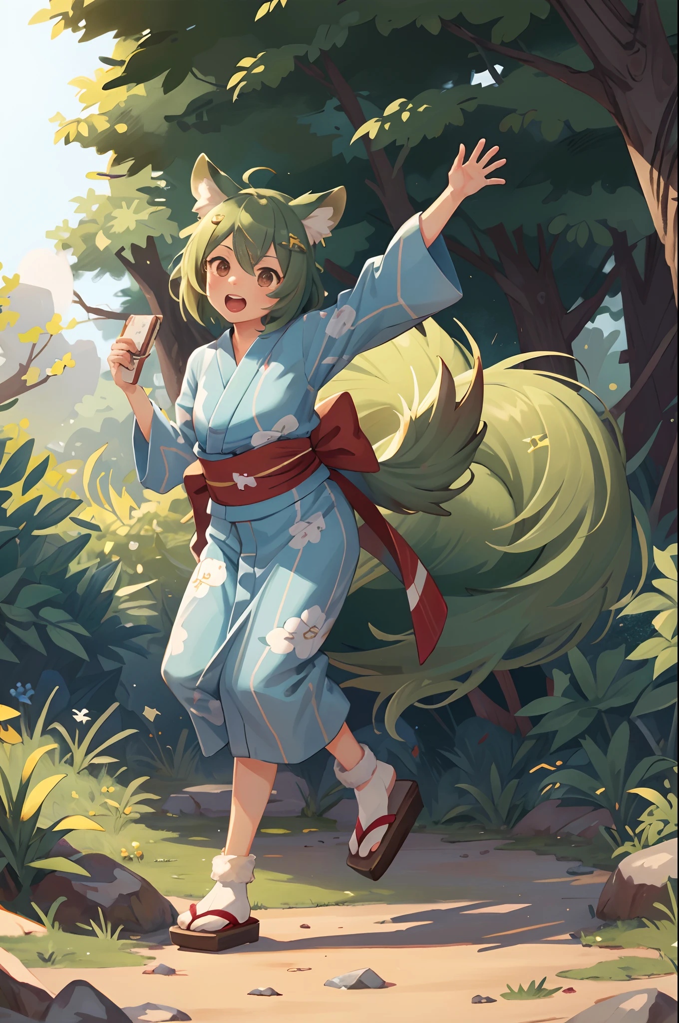 social game, unit illustration, fighting pose, fantasy, 1girl, solo, yukata, furry, kemono, detailed body fur, full body,