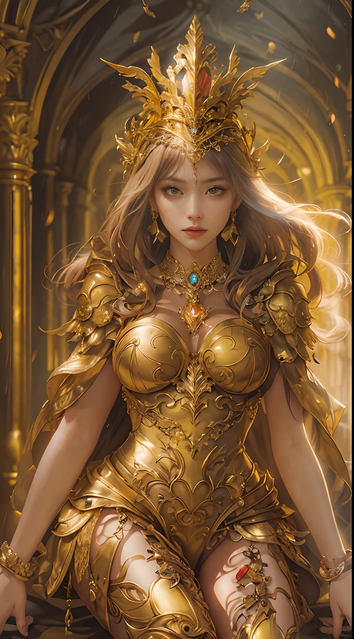 Woman in a golden dress, True Art Station, Rainstorm site, detailed fantasy art, Stunning character art, Beautiful and exquisite character art, Beautiful golden armor, Extremely detailed, Girl in shiny armor, Exquisite tiaras and jewelry, Full body capture, huge tit