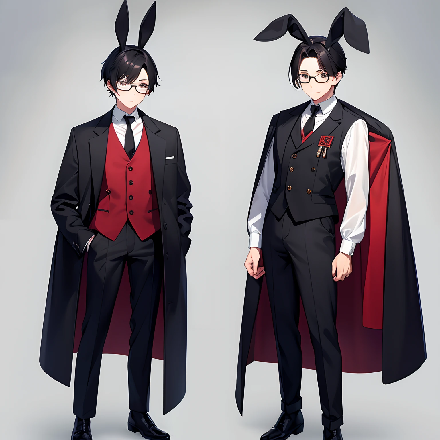10 generations Male child twinks A dark-haired shorth hair eye glass A dark-haired eye glass piercings vests coat Japan school uniform Wearing clothes Long pants cute face Both have rabbit ears Black work boots 1 persons Full body illustration