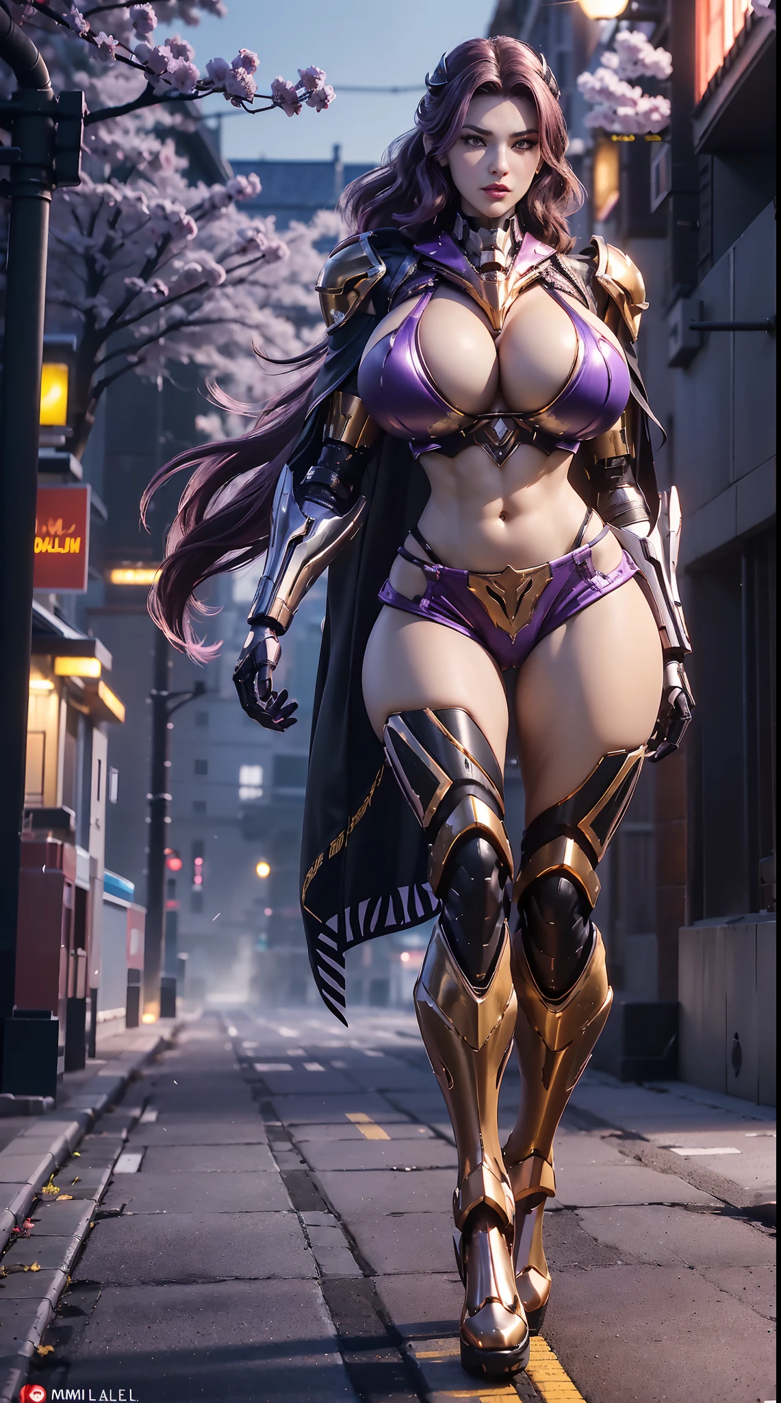 1GIRL, SOLO, (ssmile, makeup, beautifull eyes, red libs, ponytail, gold dragon helm), (HUGE BOOBS:1.5), (MECHA GUARD ARM, GLOVES), (black, purple, GIRL IN MECHA CYBER ARMOR CROP TOP, ROYAL FEATHERS CAPE, CLEAVAGE, BLACK SKINTIGHT HOTPANTS, HIGH HEELS:1.4), (MUSCULAR BODY, SEXY LONG LEGS, FULL BODY:1.5), (MUSCLE ABS:1.2), (LOOKING AT VIEWER:1), (WALKING DOWN ON STREET NIGHT CHERRY TREES:1.3), PHYSICALLY-BASED RENDERING, ULTRA HIGHT DEFINITION, 8K, 1080P.
