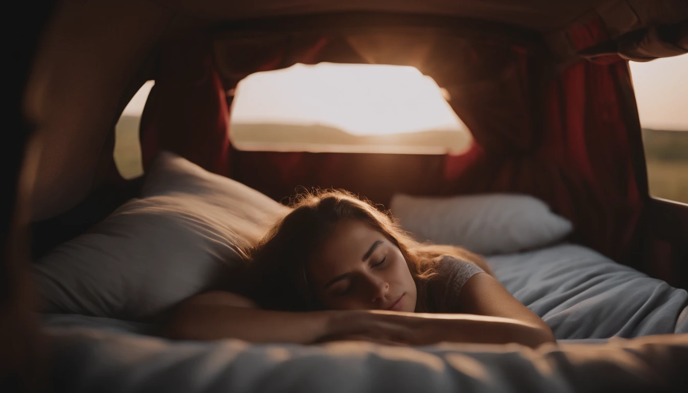 girl sleeps in camping car bed, head on pillow, full body view