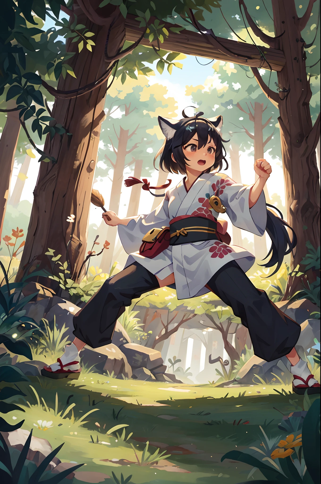 social game, unit illustration, fighting pose, fantasy, 1girl, solo, yukata, furry, kemono, detailed body fur, full body,