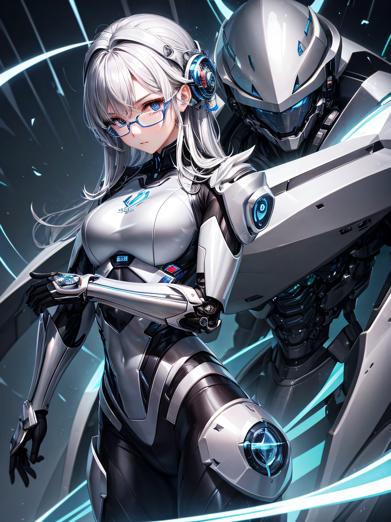 5 8K UHD、Silver metallic body mechanical beauty posing with glasses、Silver metallic robot with hidden skin shiny
