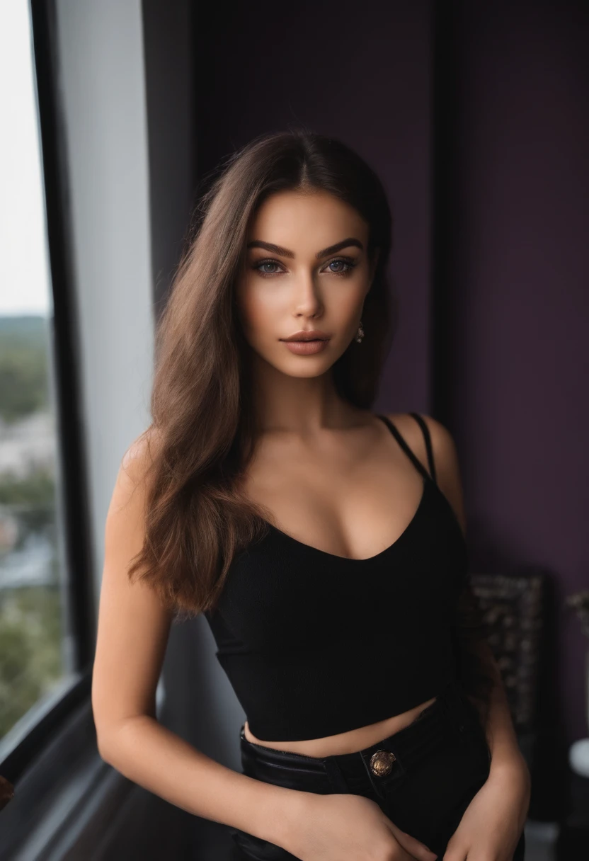 Arafed woman with black clothes, fille sexy aux yeux bruns, Portrait Sophie Mudd, cheveux bruns et grands yeux, selfie of a young woman, Yeux de chambre, Violet Myers, sans maquillage, maquillage naturel, looking straight at camera, Visage avec Artgram, Maquillage subtil, Superbe photo du corps entier, on a balcony with mountains behind her, clivage