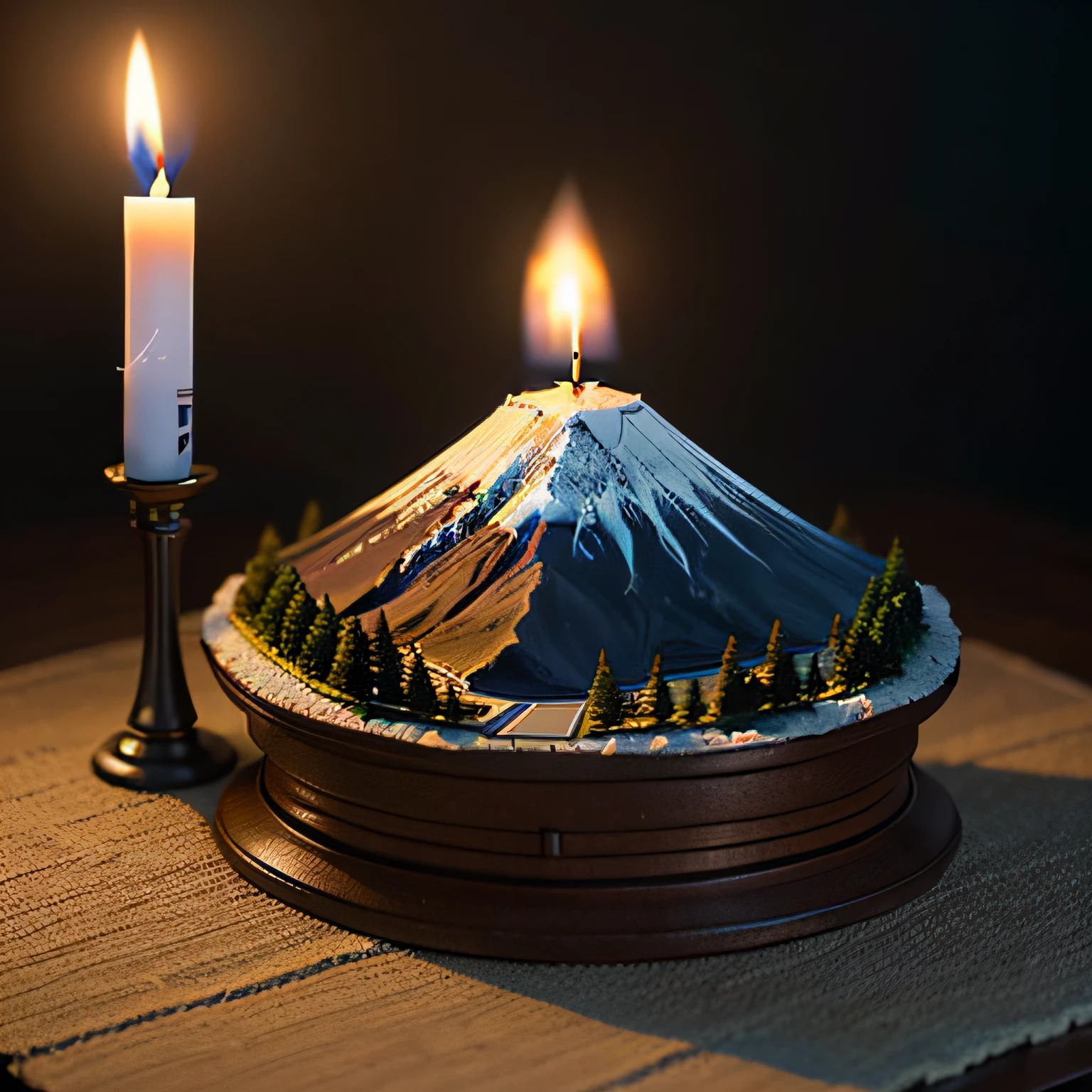 (Model, diorama), (Mt. Fuji diorama placed on the table:1.3), (Attach a lit candle on the summit:1.5), (Masterpiece), (Best Quality), (Ultra high Detailes)
