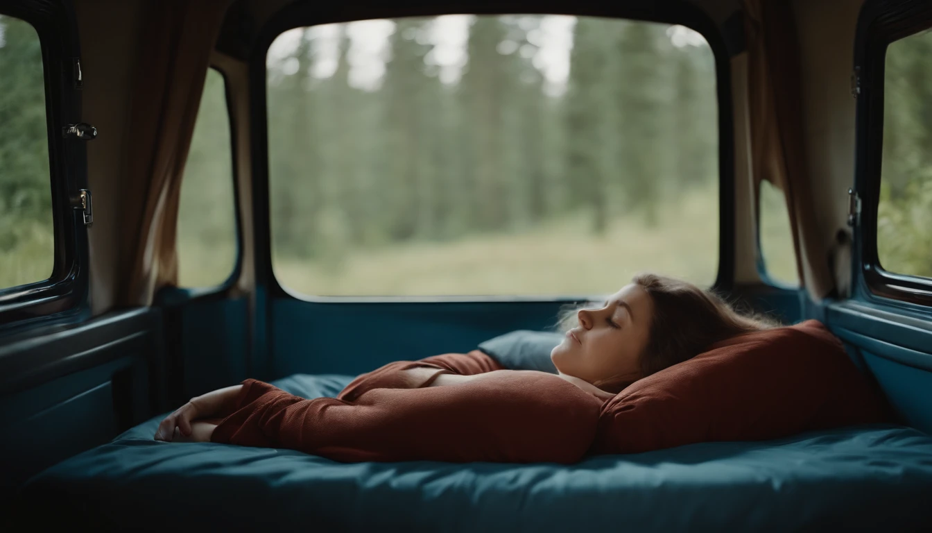 girl sleeps in camping car bed, head on pillow, full body view