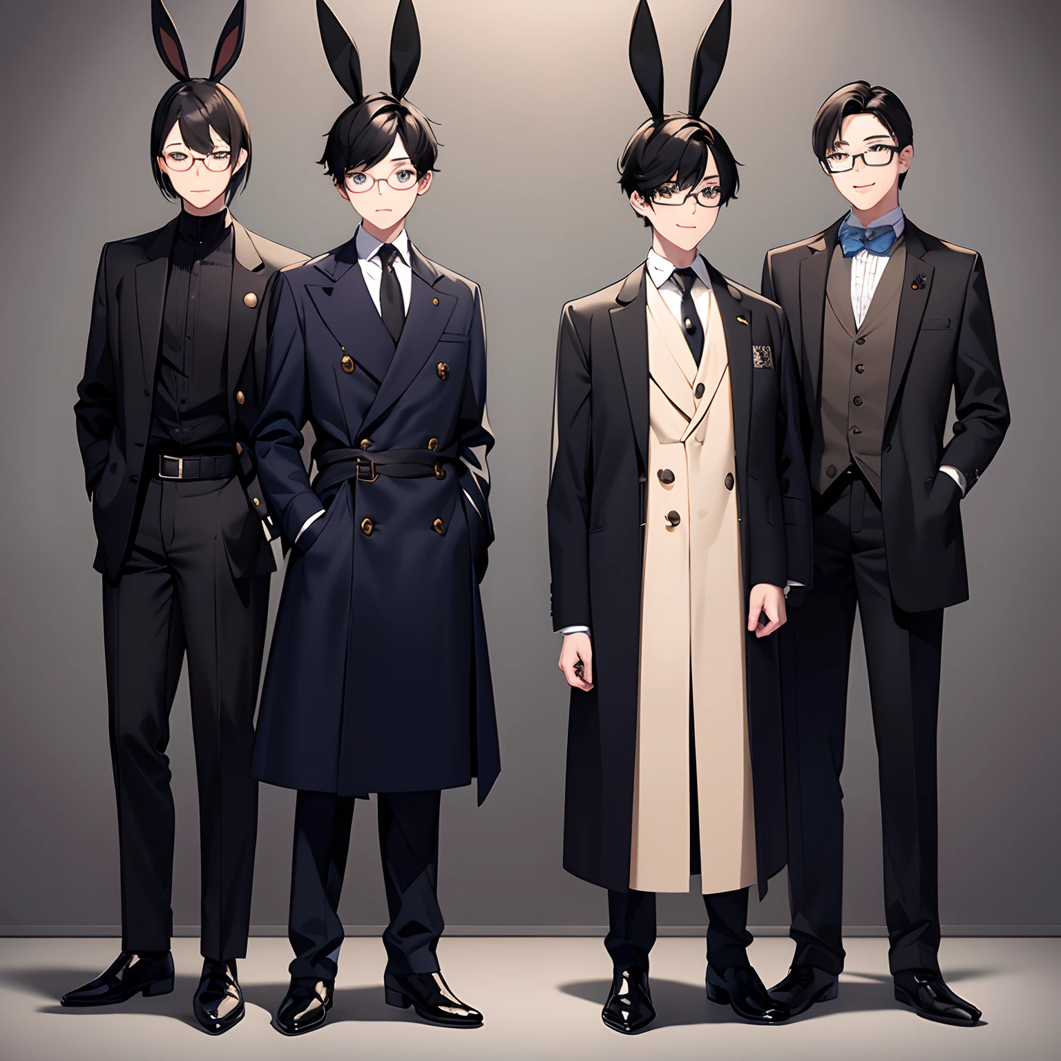 10 Male child twinkark-haired shorth hair eye glass A dark-haired eye glass piercings vests Duffel coat Japan school uniform Wearing clothes Long pants cute face Both have rabbit ears Black work boots 1 persons Full body illustration