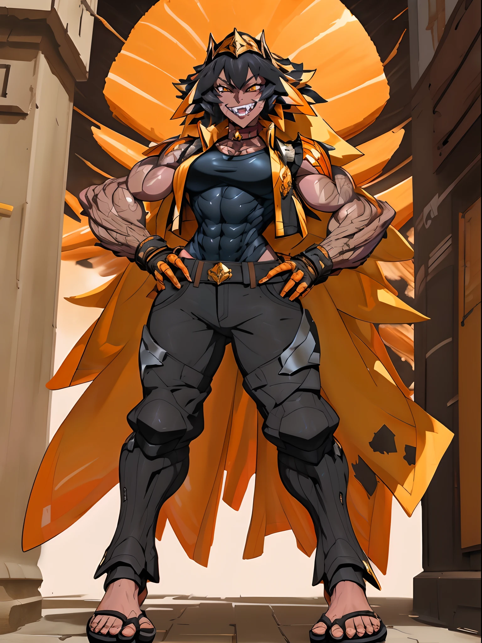 (Masterpiece, best quality:1.2), (highres, ultra-detailed), (absurdres, perfect anatomy), 1girl, solo, , anihh, slit pupils, dark-skinned female, black hair, orange colored inner hair, scar, fangs, black choker, hands on hips, outdoors, open vest, black loose t-shirt, black shorts, fingerless gloves, muscular, (covered (navel:0.5)) , full body flipflops,(icone de um jogo), (icone de peitoral : 1.5), um peitoral , peitoral marrom, chest plate, peitoral pesada marrom, peitoral grosso, peitoral de Armadura intrincada, peitoral de armadura de fantasia pesada, peitoral detalhado, armadura ornamentada, peitoral de Armadura Paladina, peitoral dearmadura de batalha, intrincada peitoral, smile, full body
