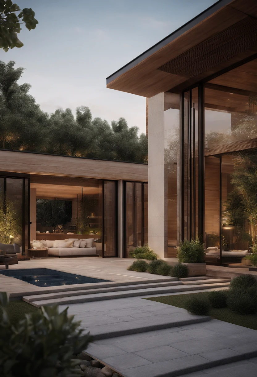 This modern rustic private courtyard is located in a pleasant countryside.It is an oasis of harmony with nature。The exterior design of the yard is simple and modern.A blend of natural elements and modern architecture,Expresses unique aesthetics。
