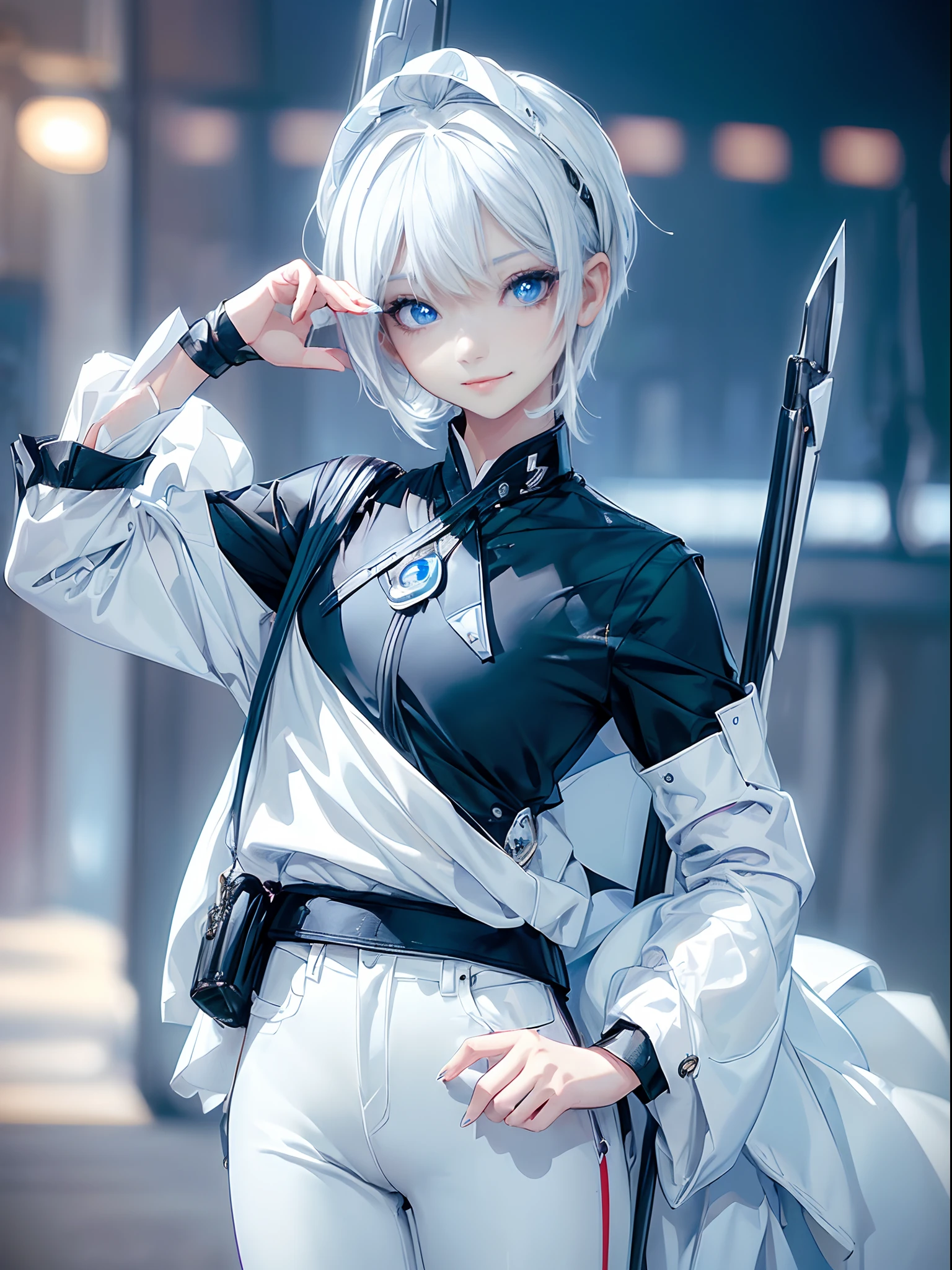 ((4K works))、​masterpiece、(top-quality)、1 beutiful girl、Slim body、tall、((Black Y-shirt and white pants、Charming street style))、(Detailed beautiful eyes)、Daytime city、in the task、((Face similar to Carly Rae Jepsen))、((Short-haired white hair))、((Smaller face))、((Neutral face))、((Bright blue eyes))、((American adult women))、((Adult female 26 years old))、((cool lady))、((Like a celebrity))、((Smiling expression))、((Korean Makeup))、((elongated and sharp eyes))、((Happy dating))、((boyish))、((Upper body photography))、Professional Photos、((Shot alone))、Villain、Fallen Angel、Black eyeshadow