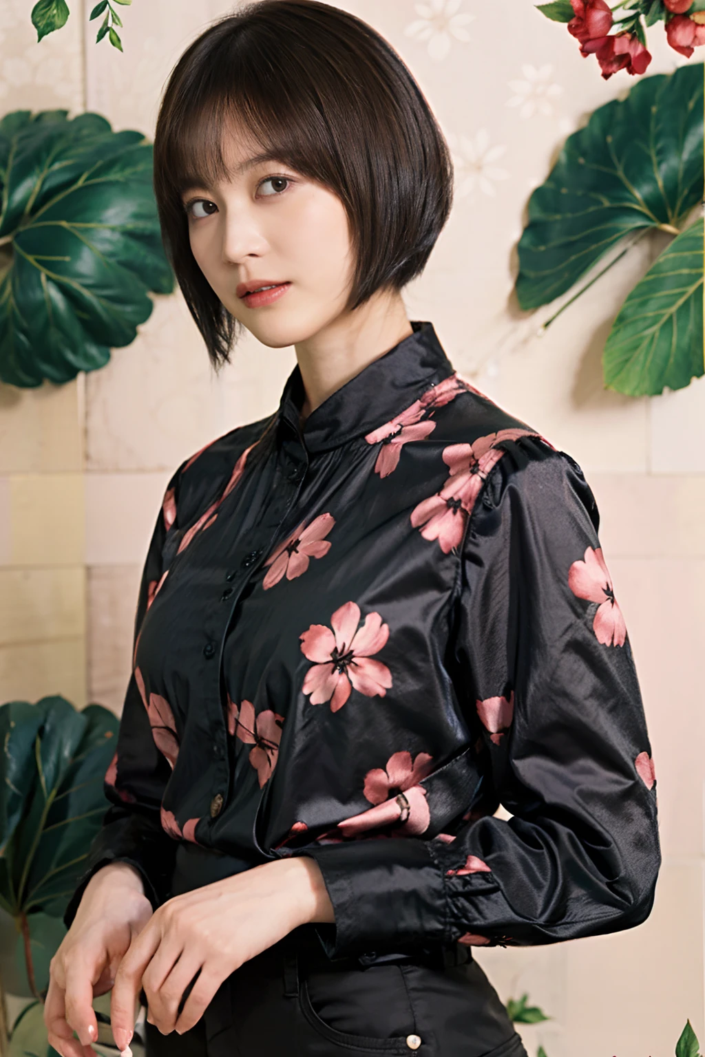 32
(Shorthair:1.23), (a 20 yo woman), (A hyper-realistic), (masutepiece), (8KUHD), Long sleeve shirt with floral pattern, breeches, (Breast:1.23), serene expressions