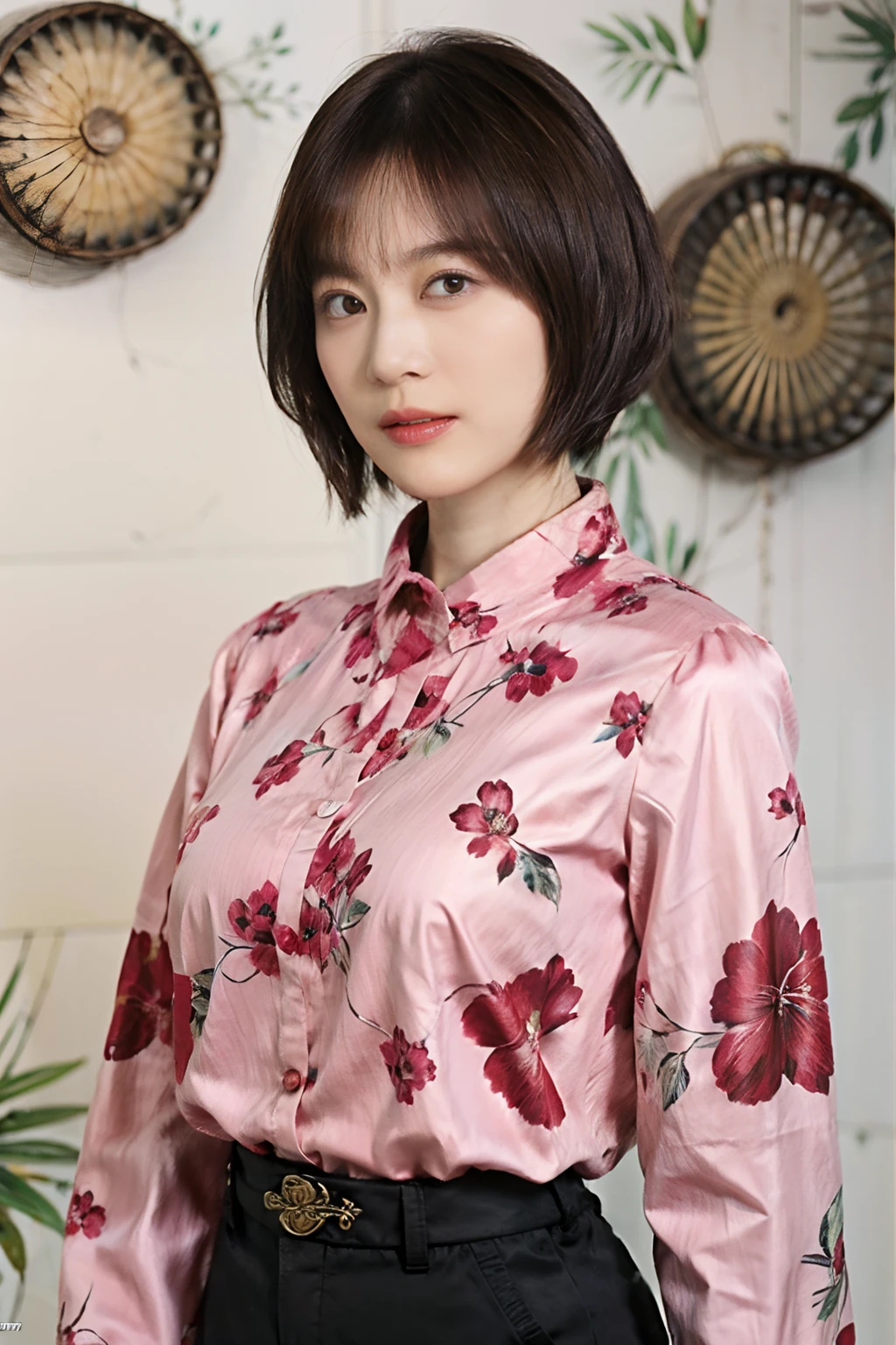 32
(Shorthair:1.23), (a 20 yo woman), (A hyper-realistic), (masutepiece), (8KUHD), Long sleeve shirt with floral pattern, breeches, (Breast:1.23), serene expressions