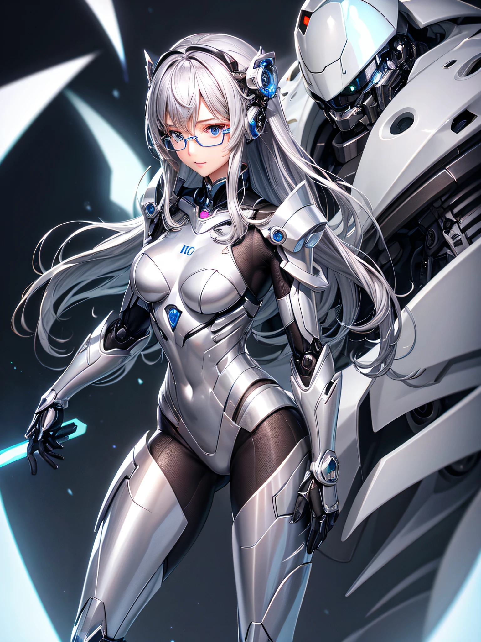 5 8K UHD、Silver metallic body mechanical beauty posing with glasses、Silver metallic robot with hidden skin shiny