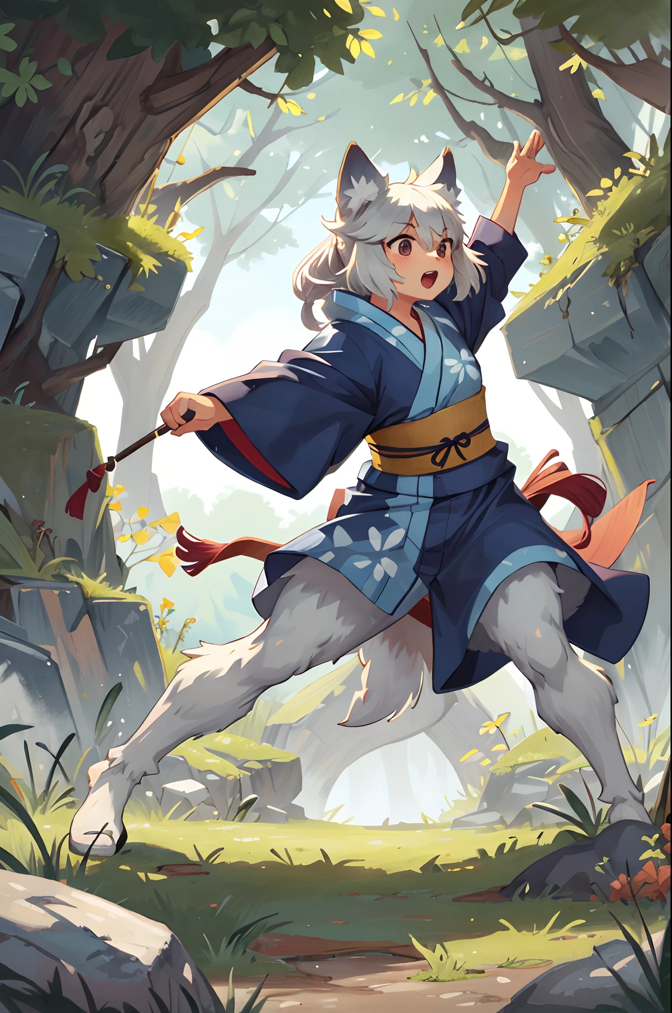 social game, unit illustration, fighting pose, fantasy, 1girl, solo, yukata, furry, kemono, detailed body fur, full body,