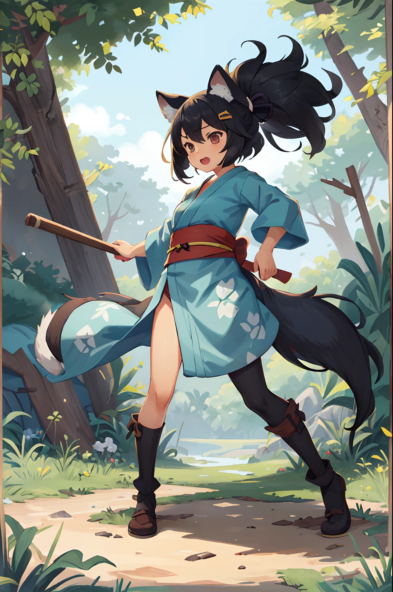 social game, unit illustration, fighting pose, fantasy, 1girl, solo, yukata, furry, kemono, detailed body fur, full body,