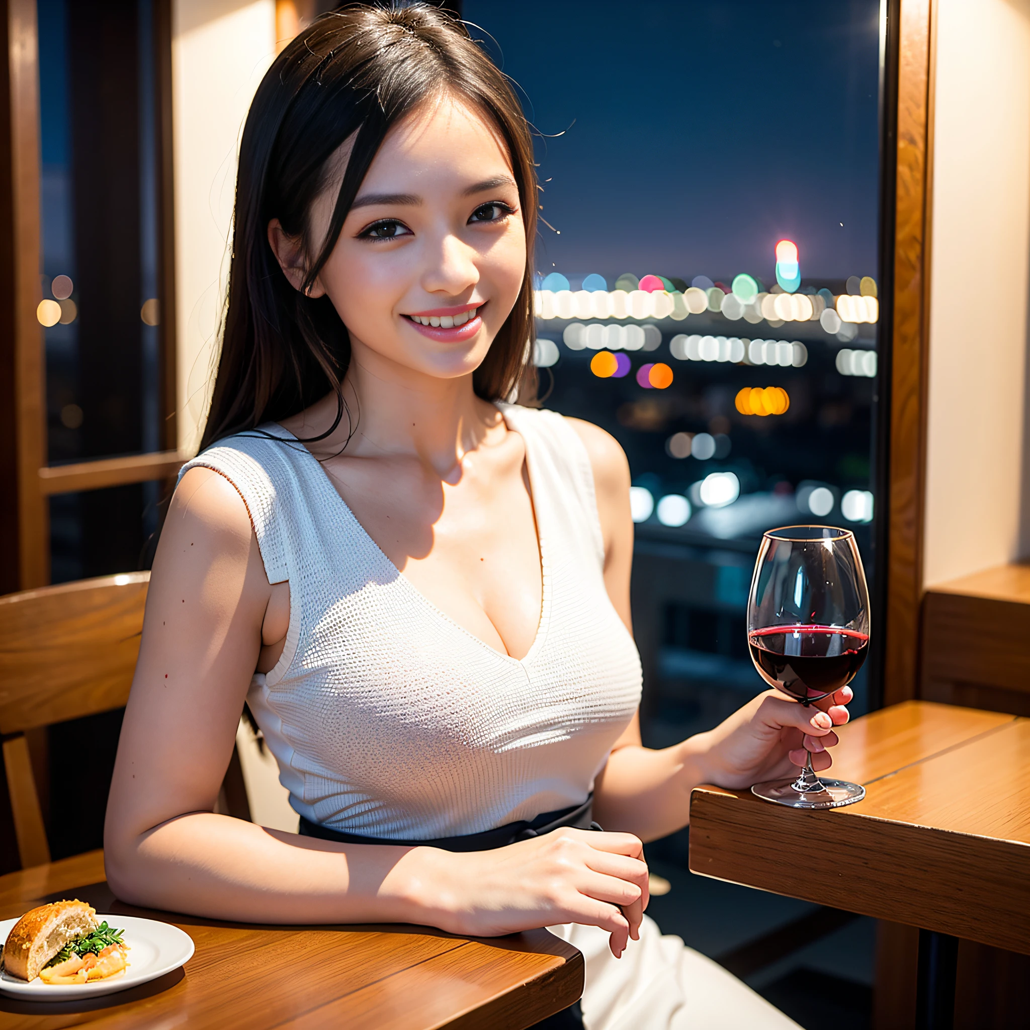 (64K, UHD, top quality, masterpiece: 1.2), (realistic, photorealistic: 1.37), super detailed,itarian,french,japanese, pretty woman 1 person, (slim face), (slim body), (brown hair), (short cut), cheeks slightly blushing, (35 years old), 38 years old, solo, beautiful detailed  night view outside the window, restaurant, wine glasses sit, at night, in a prominent place (from the waist up) NovaFrogStyle, Actress, Model, Waist Up, White Wine, Slim, Wine Glass, Super Clean Night View, Wine Glass Put in the Middle, Happy Smile, (Smile: 1.15), Beautiful Fine Eyes, Upper Body, Bust Japan Up, Night, Short, Short, Actress, Model, Waist Up, White Wine, Slim, Wine Glass, Super Clean Night View, Wine Glass Put in the Middle, Happy Smile,