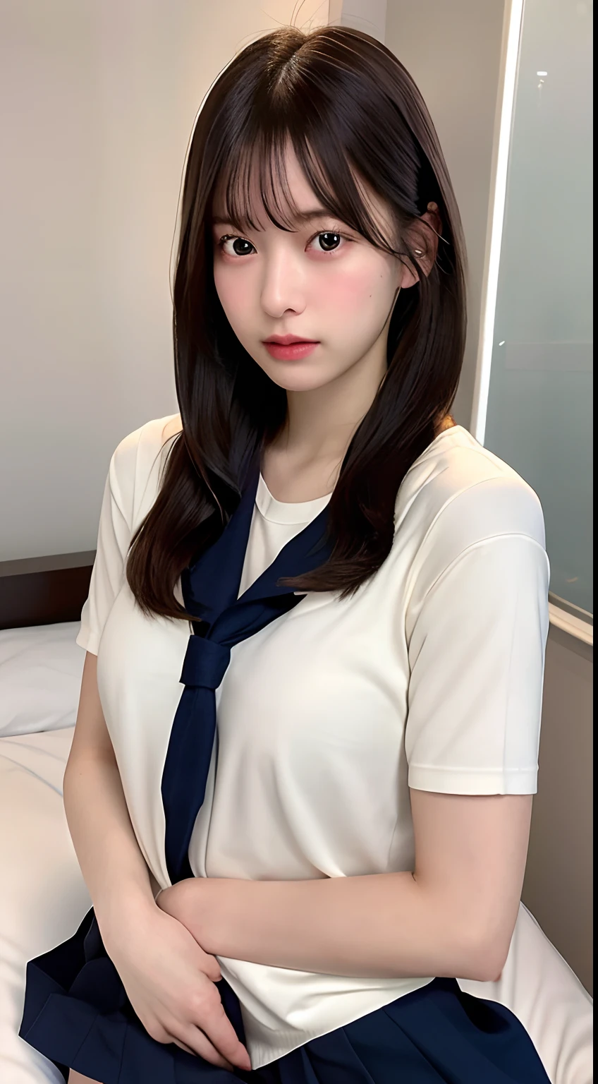 (photo realistic:1.2), solo,(masterpiece, best quality, ultra detailed,), best quality, high resolution, distinct image,(18 yo:1.1),athlete student girl,(180cm:1.1), parfect body, big chest, no make up, black hair, messy hair,(lying on bed:1.2),(head on pillow:1.3),(sleeping:1.3),(close eyes:1.3)(school uniform:1.2),bra, panties, (private room:1.1) bed, window, nsfw,
