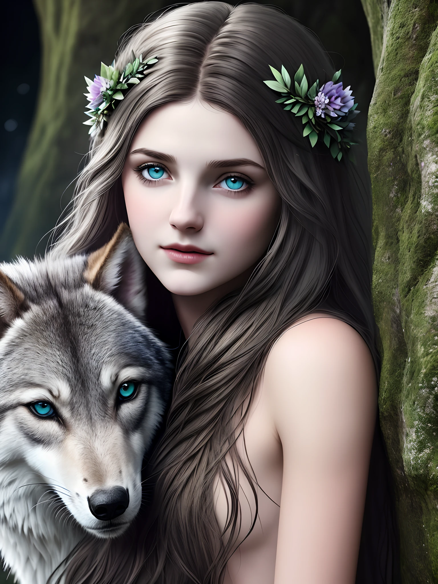 (Beautiful Druidic Girl:1.3) hugging a wolf (the Extremely Detailed CG Unity 8K Wallpapers,masutepiece, Best Quality, Ultra-detailed, Beautiful detailed eyes:1.2),Best Illumination, (Best Shadow, extremely delicate and beautiful, bloom), masutepiece, Best Quality:1.1, Realistic:1.3, Cinematic lighting:1.2, In a dark cave:1.5, ultra photoreal, Photorealistic:1.0, Sharp Focus: