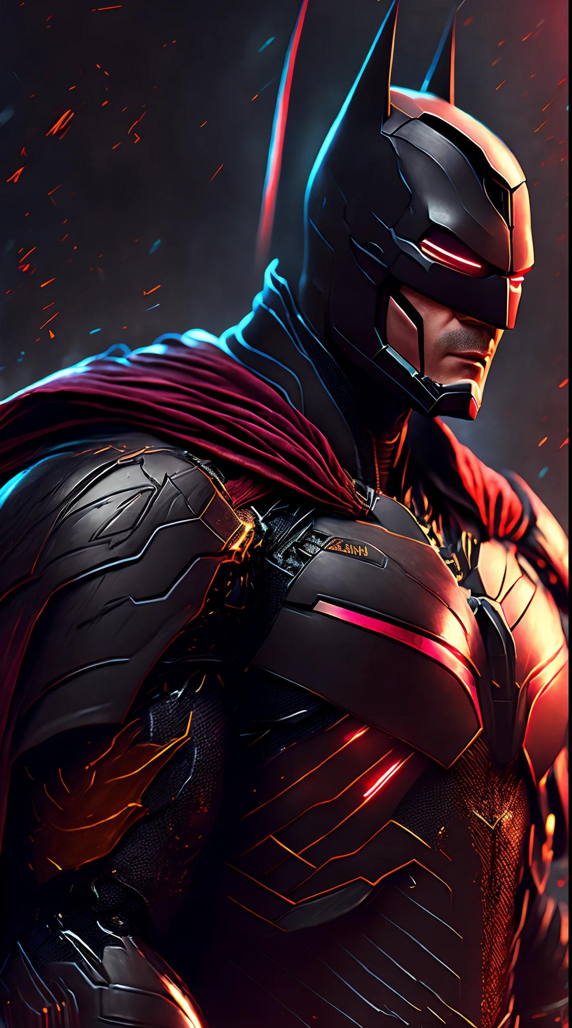 Batman in ironman black suit, science fiction, armor, cyberpunk style