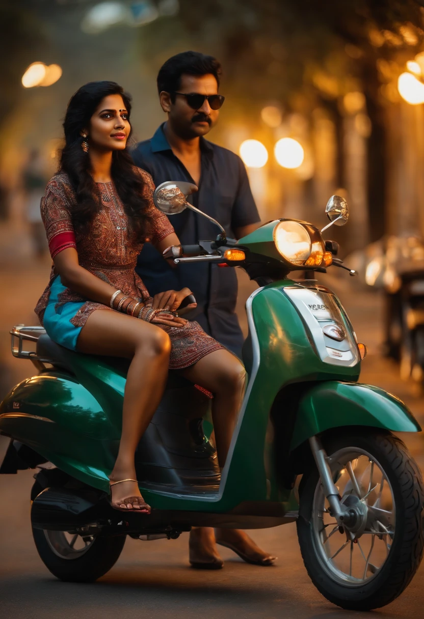 young Indian girl together with Indian middle age men, ridding honda active scooter