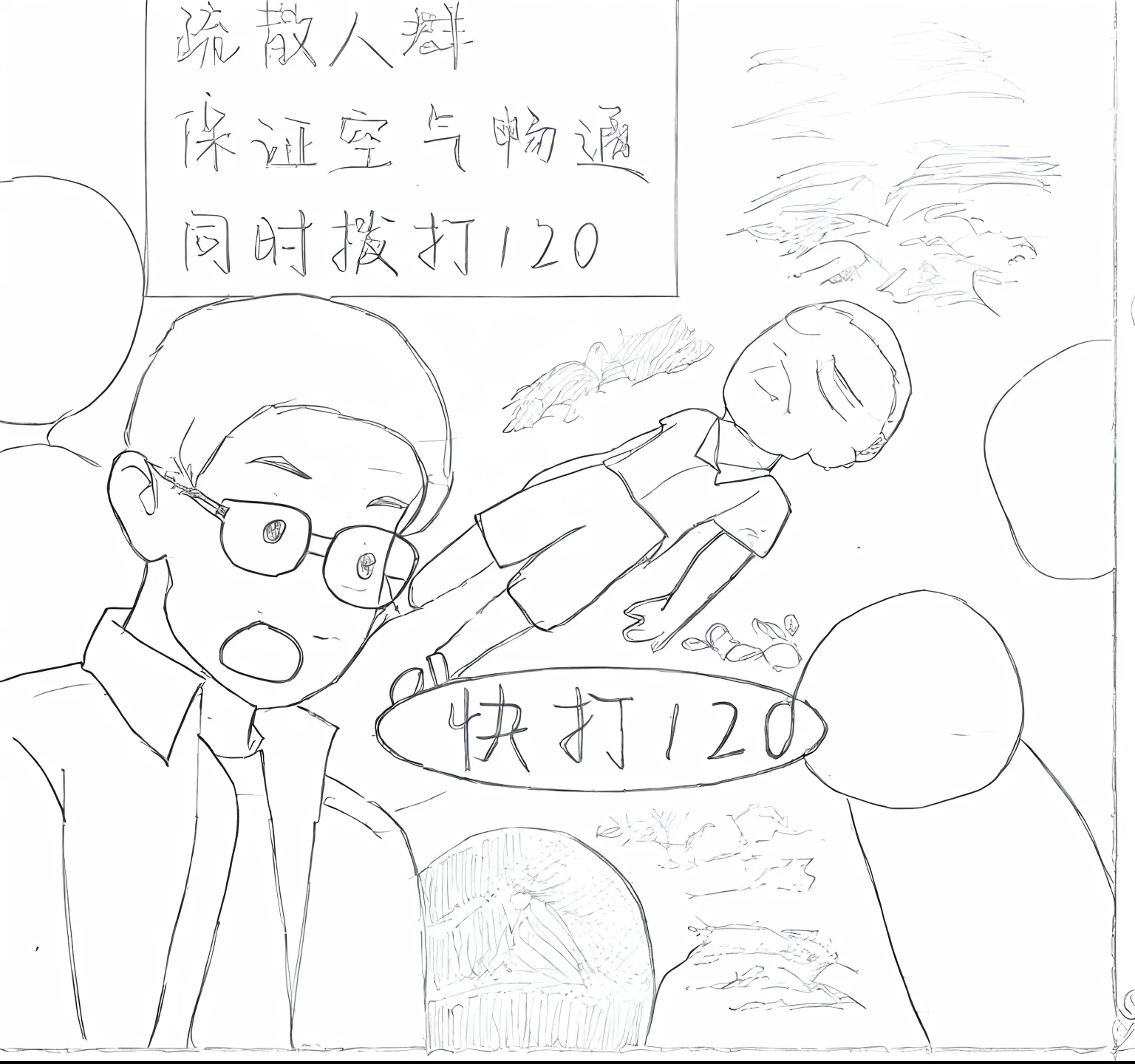 A cartoon drawing of a man holding a doll in front of a sign, (webcomic), hand drawn cartoon, author:Middle Bokuhn, author:Qu Leilei, Chiba Yuda, 3 2 - year - old man, Middle metaverse, Line sketch, Wang Chen, Line sketch!!
