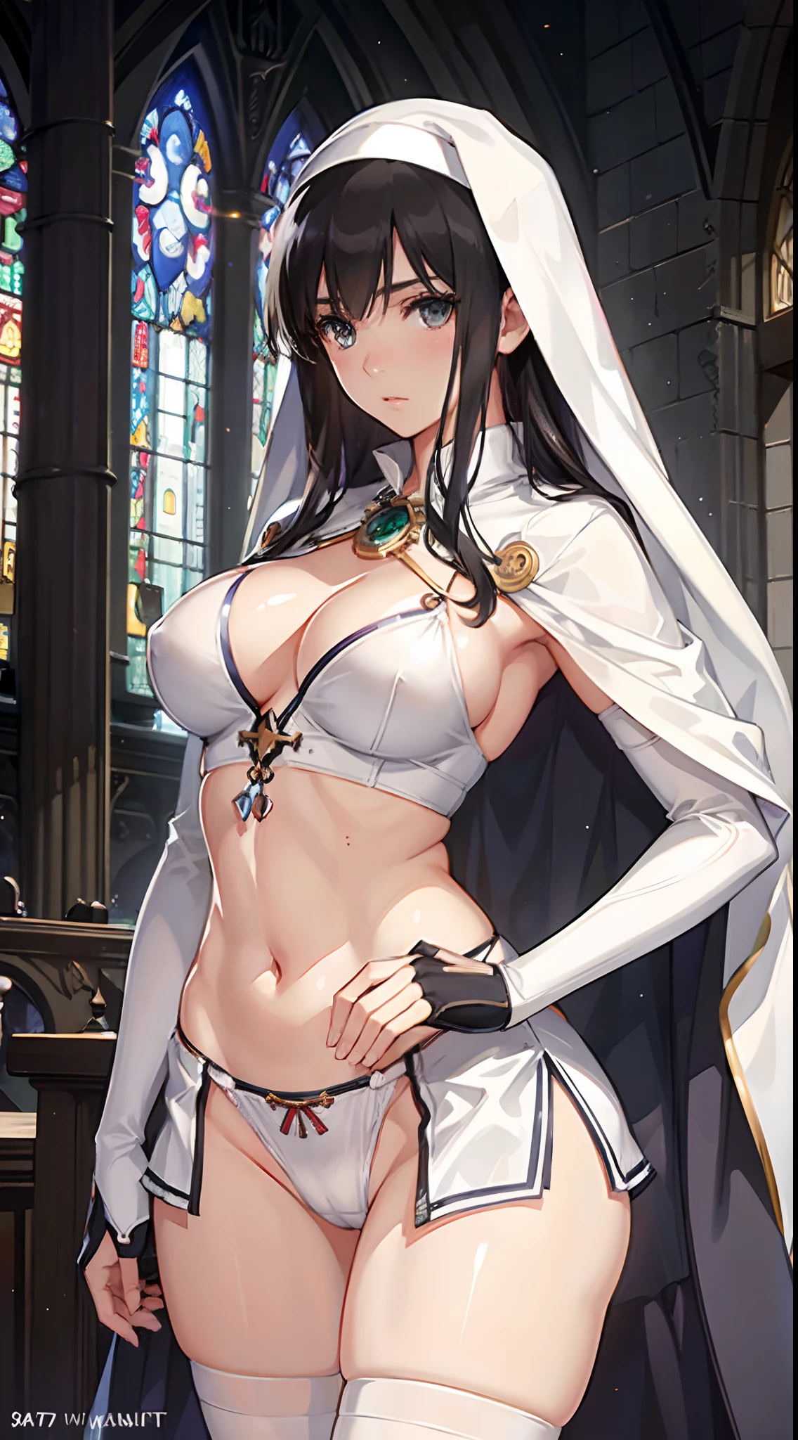 (Best Quality, 4K, 8K, hight resolution, masutepiece:1.2), Ultra-detailed, (Realistic, Photorealistic, Photorealsitic:1.37), Mature Woman, Adult Woman, notre dame, masutepiece, Highest Quality, Ultra-fine, max resolution, Extremely detailed, inside a church, Night, shining beautiful skin, ((nun)),Extremely sexy, Big breasts, White panties, thong,Blushing, Crotch, Seductive thighs,Cameltoe,a miniskirt,frombelow,A dark-haired,Ass