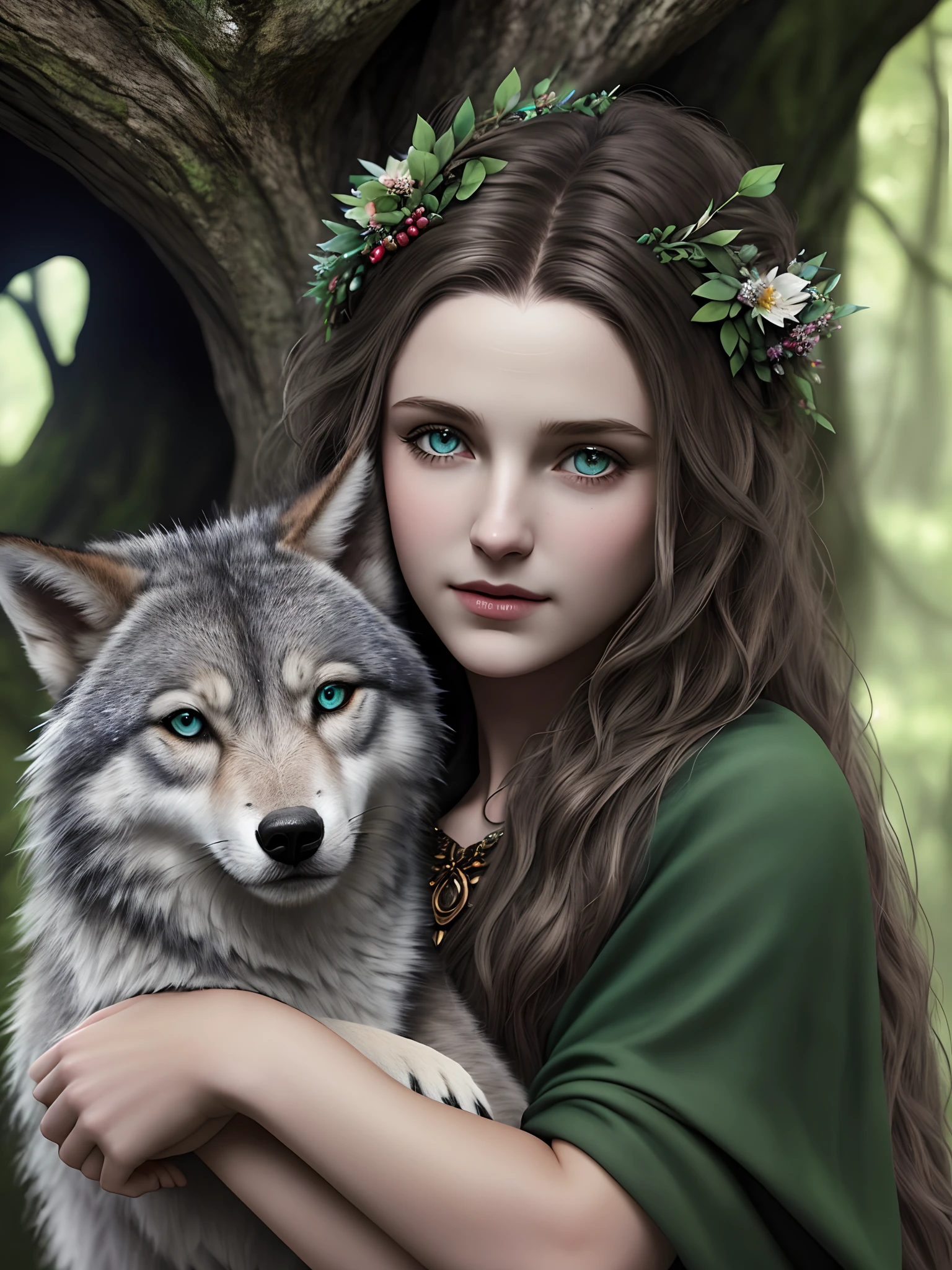 (Beautiful Druidic Girl:1.3) hugging a wolf (the Extremely Detailed CG Unity 8K Wallpapers,masutepiece, Best Quality, Ultra-detailed, Beautiful detailed eyes:1.2),Best Illumination, (Best Shadow, extremely delicate and beautiful, bloom), masutepiece, Best Quality:1.1, Realistic:1.3, Cinematic lighting:1.2, In a dark cave:1.5, ultra photoreal, Photorealistic:1.0, Sharp Focus: