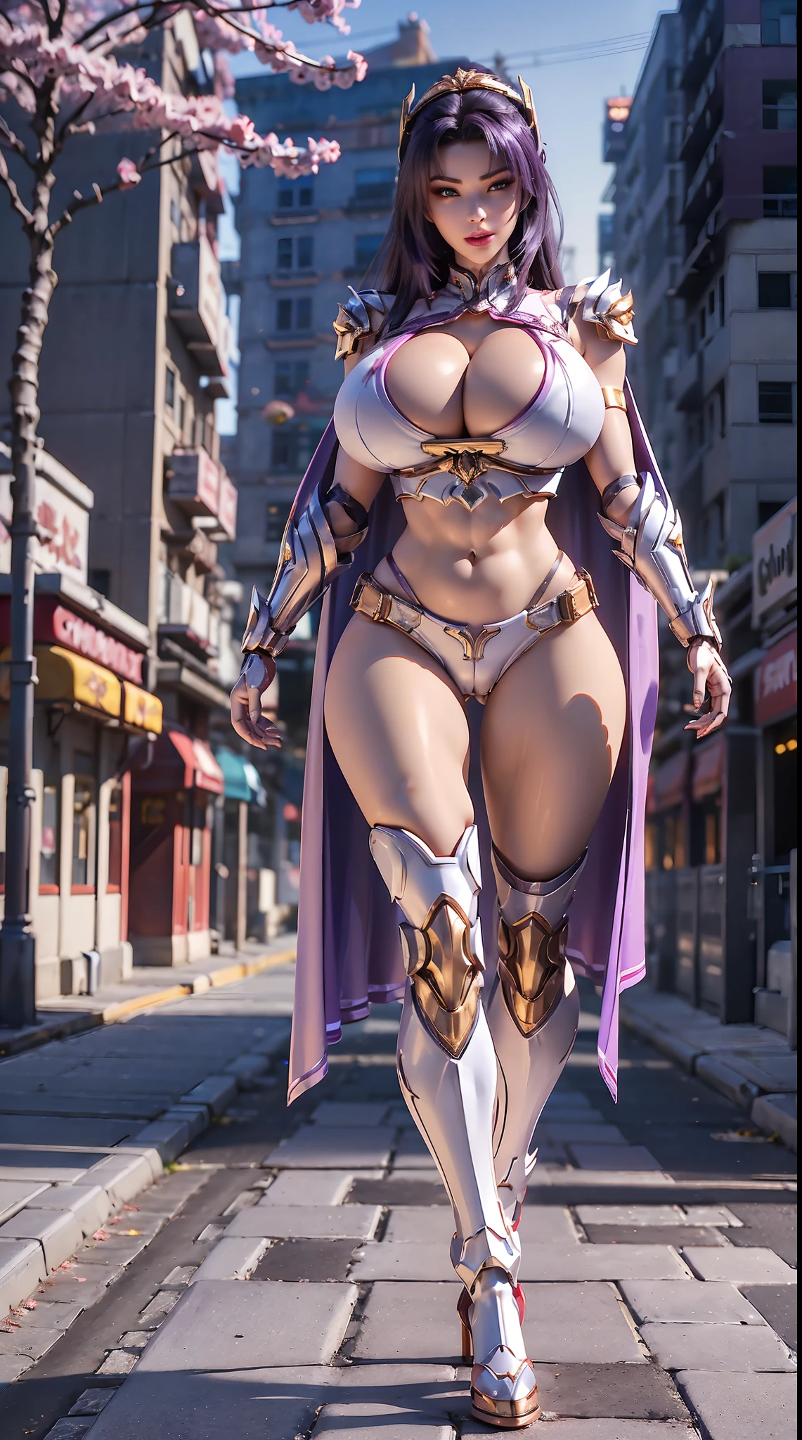 1GIRL, SOLO, (ssmile, makeup, beautifull eyes, red libs, ponytail, gold dragon helm), (HUGE BOOBS:1.5), (MECHA GUARD ARM, GLOVES), (white, purple, GIRL IN MECHA CYBER ARMOR CROP TOP, ROYAL CAPE, CLEAVAGE, SKINTIGHT HOTPANTS, HIGH HEELS:1.4), (MUSCULAR BODY, SEXY LONG LEGS, FULL BODY:1.5), (MUSCLE ABS:1.2), (LOOKING AT VIEWER:1), (WALKING DOWN ON STREET NIGHT CHERRY TREES:1.3), PHYSICALLY-BASED RENDERING, ULTRA HIGHT DEFINITION, 8K, 1080P.