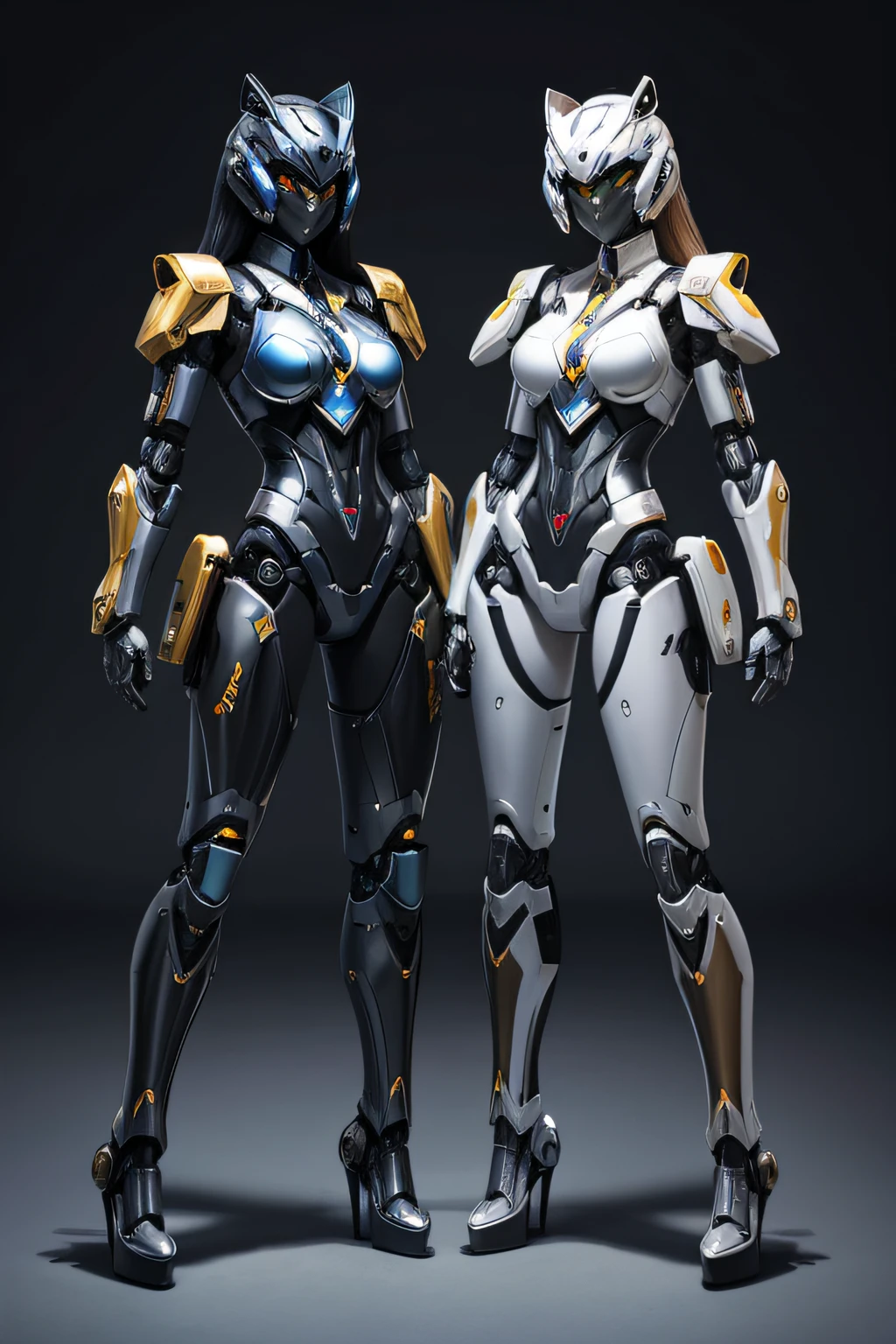 Two female combat robots The head and face are also covered。 The body is mechanical Feet shaped like high heels Standing side by side