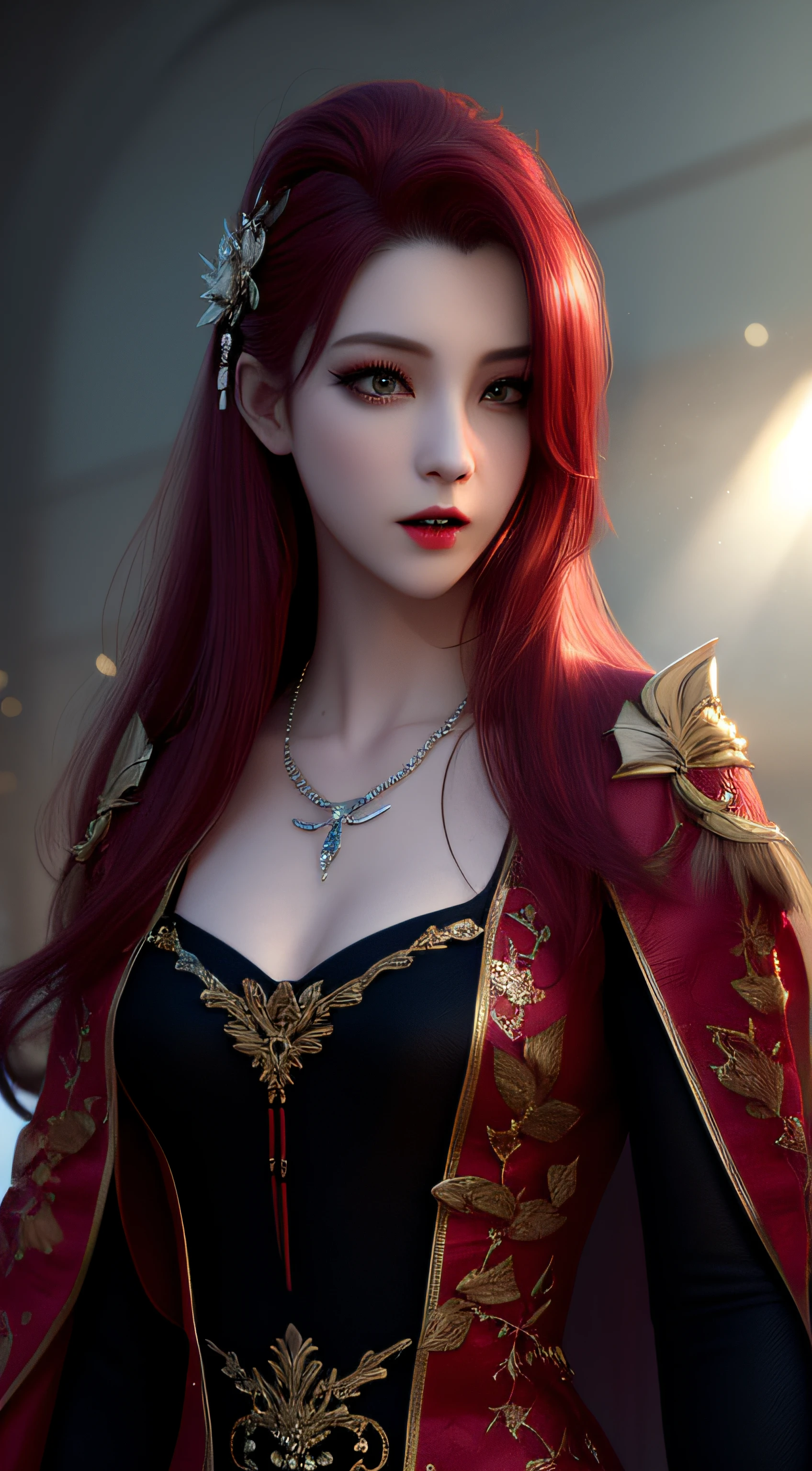 vampire, best quality, masterpiece, high resolution, 1 girl, china dress, red hair, hair ornament, necklace, jewelry, beautiful face, over body, tyndall effect, photorealistic, dark studio, edge lighting, lighting Two Tone, (Fur High Detail: 1.2 ), 8k uhd, dslr, soft lighting, high quality, volumetric lighting, candid, photography, high resolution, 4k, 8k, bokeh