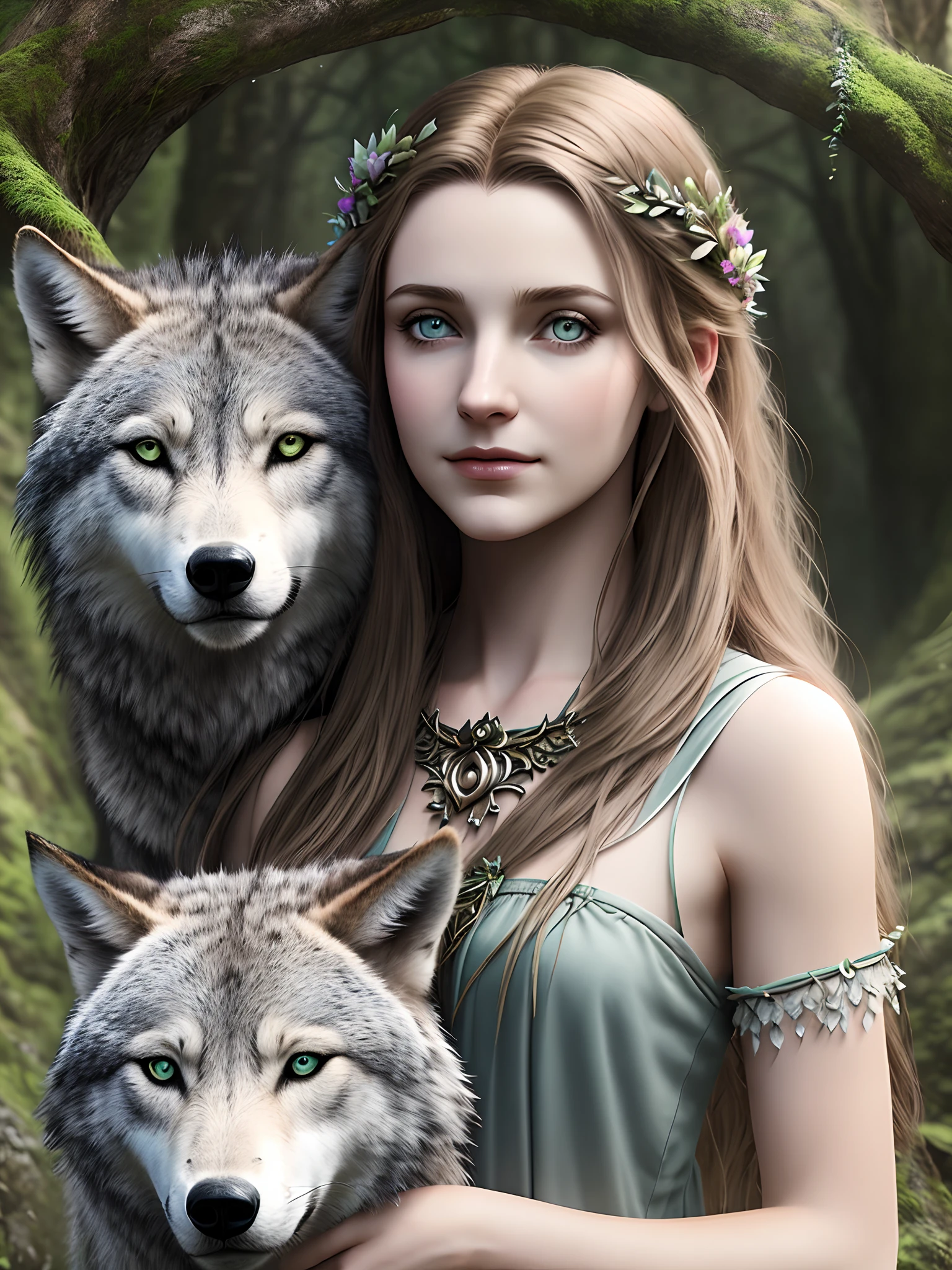(Beautiful Druidic Girl:1.3) hugging a wolf (the Extremely Detailed CG Unity 8K Wallpapers,masutepiece, Best Quality, Ultra-detailed, Beautiful detailed eyes:1.2),Best Illumination, (Best Shadow, extremely delicate and beautiful, bloom), masutepiece, Best Quality:1.1, Realistic:1.3, Cinematic lighting:1.2, In a dark cave:1.5, ultra photoreal, Photorealistic:1.0, Sharp Focus: